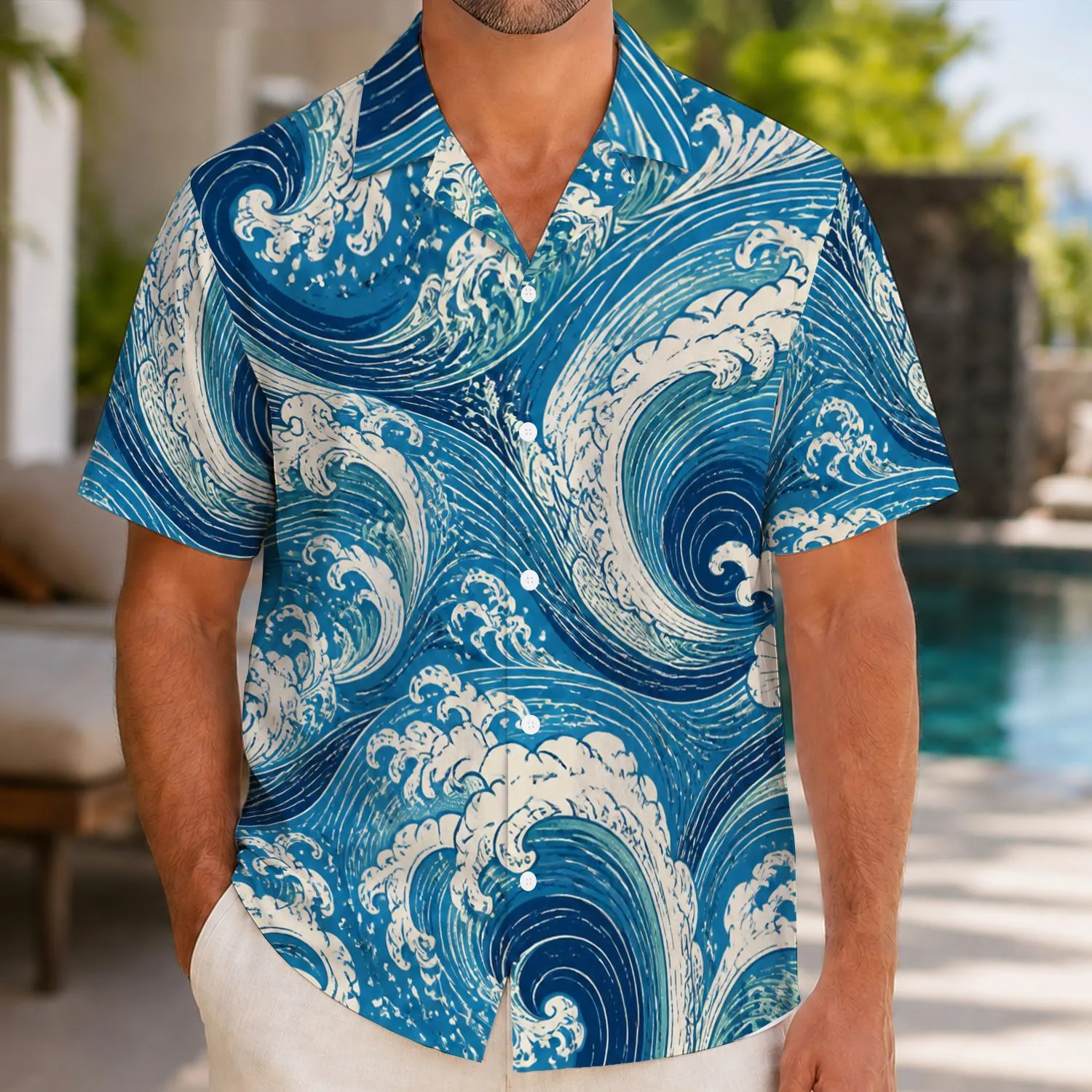 Ocean Wave Swirls for Coastal Summer Vacations and Beach Getaways, Relaxed Menswear Hawaiian Shirt - 1