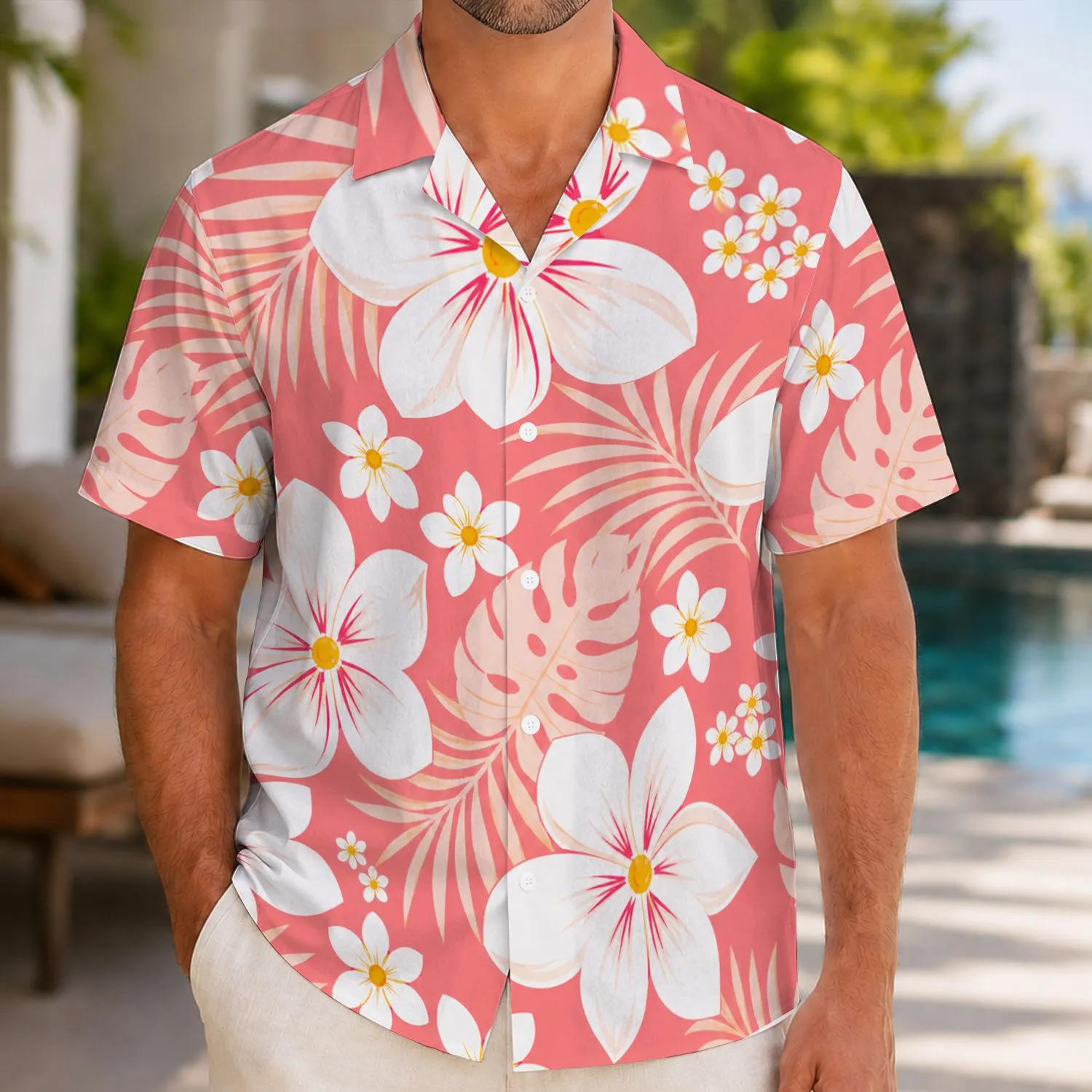 Pink Plumeria Blossom Garden for Tropical Vacations and Sunny Island Getaways for Men Hawaiian Shirt - 1