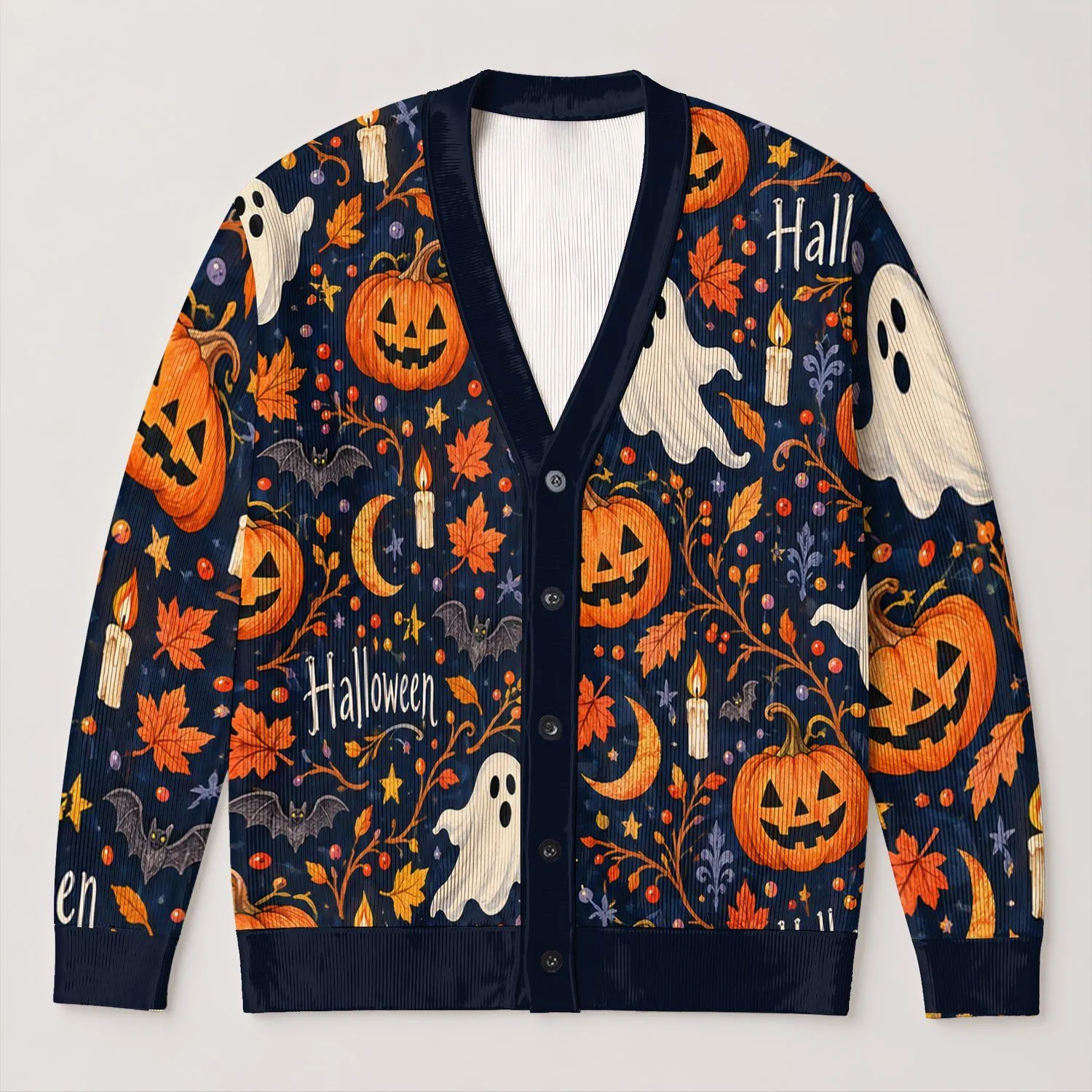 Halloween Pumpkins and Ghosts for Cozy Autumn Parties and Everyday Layering for Women All-over Print Knitted Cardigan - 1