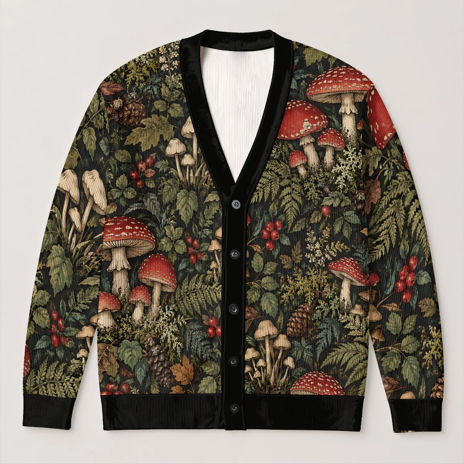 Red Mushroom Woodland Bohemian Style For Beach Days And Casual Weekend Layering Looks All-over Print Knitted Cardigan - 1