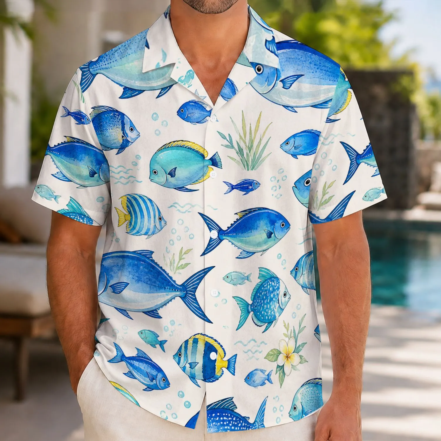 Blue Fish Ocean Motif for Beach Holidays, Island Trips, and Relaxed Coastal Getaways Hawaiian Shirt - 1