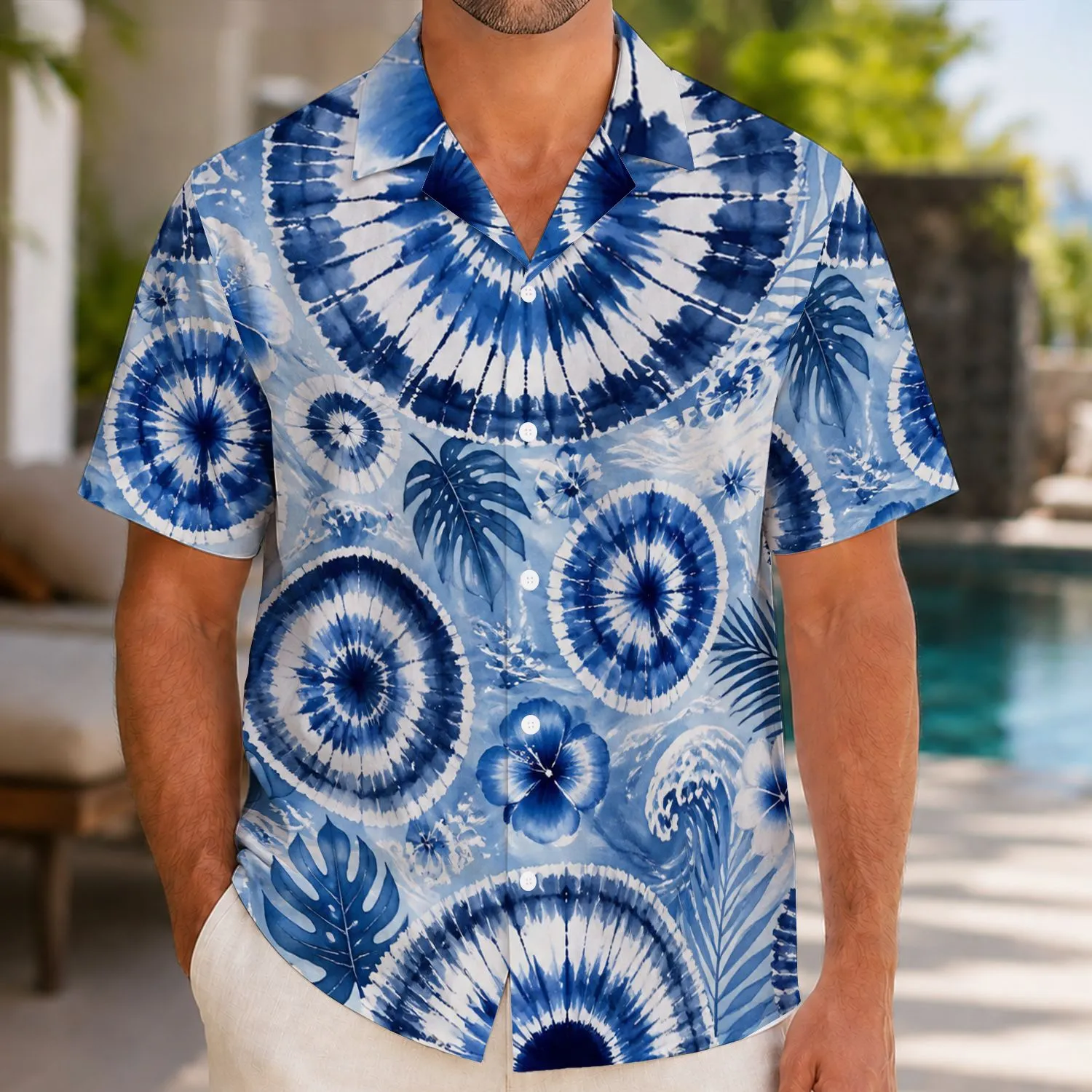 Indigo Shibori Rosettes for Coastal Getaways, Island Escapes, and Weekend Style for Men Hawaiian Shirt - 1