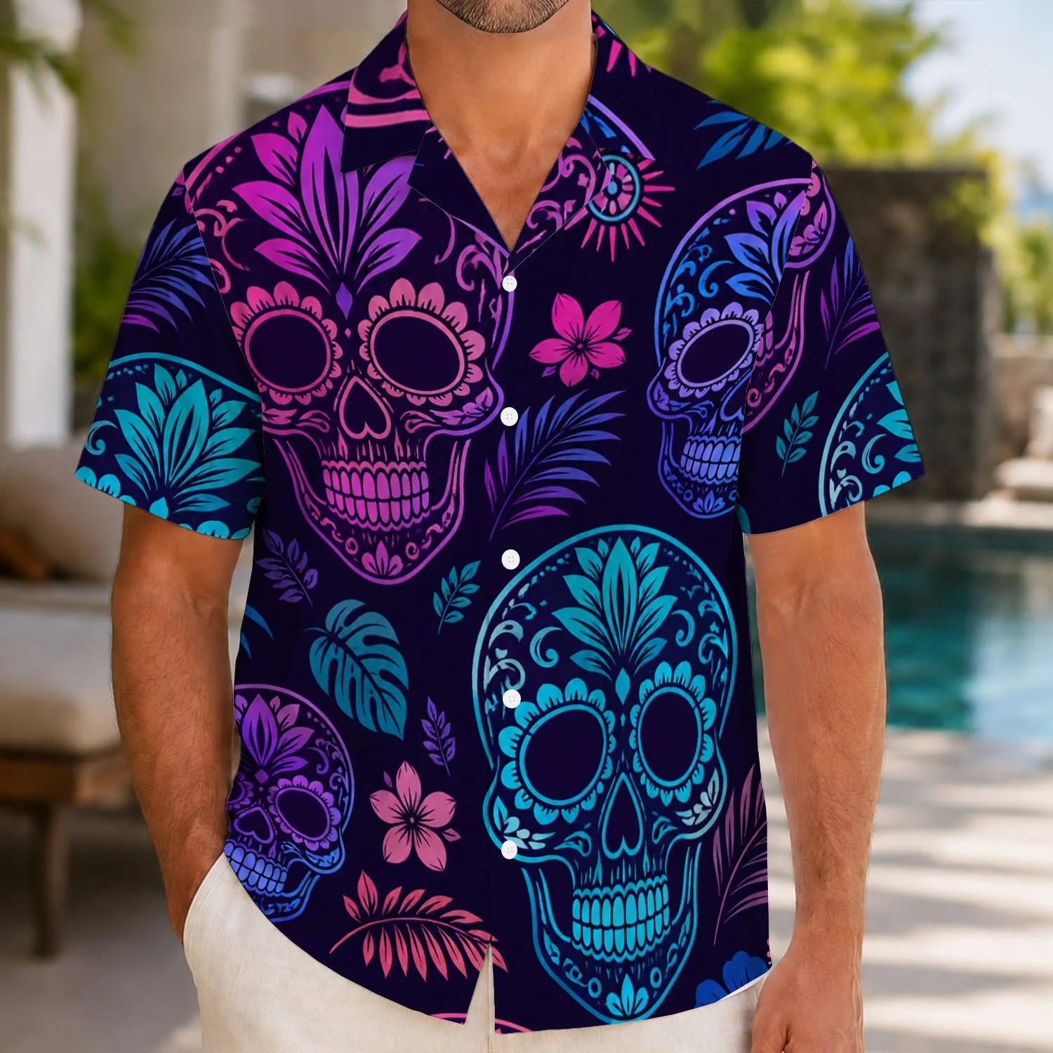 Purple Blue Sugar Skulls With Tropical Flowers For Beach Parties And Vacation Wear Hawaiian Shirt - 1