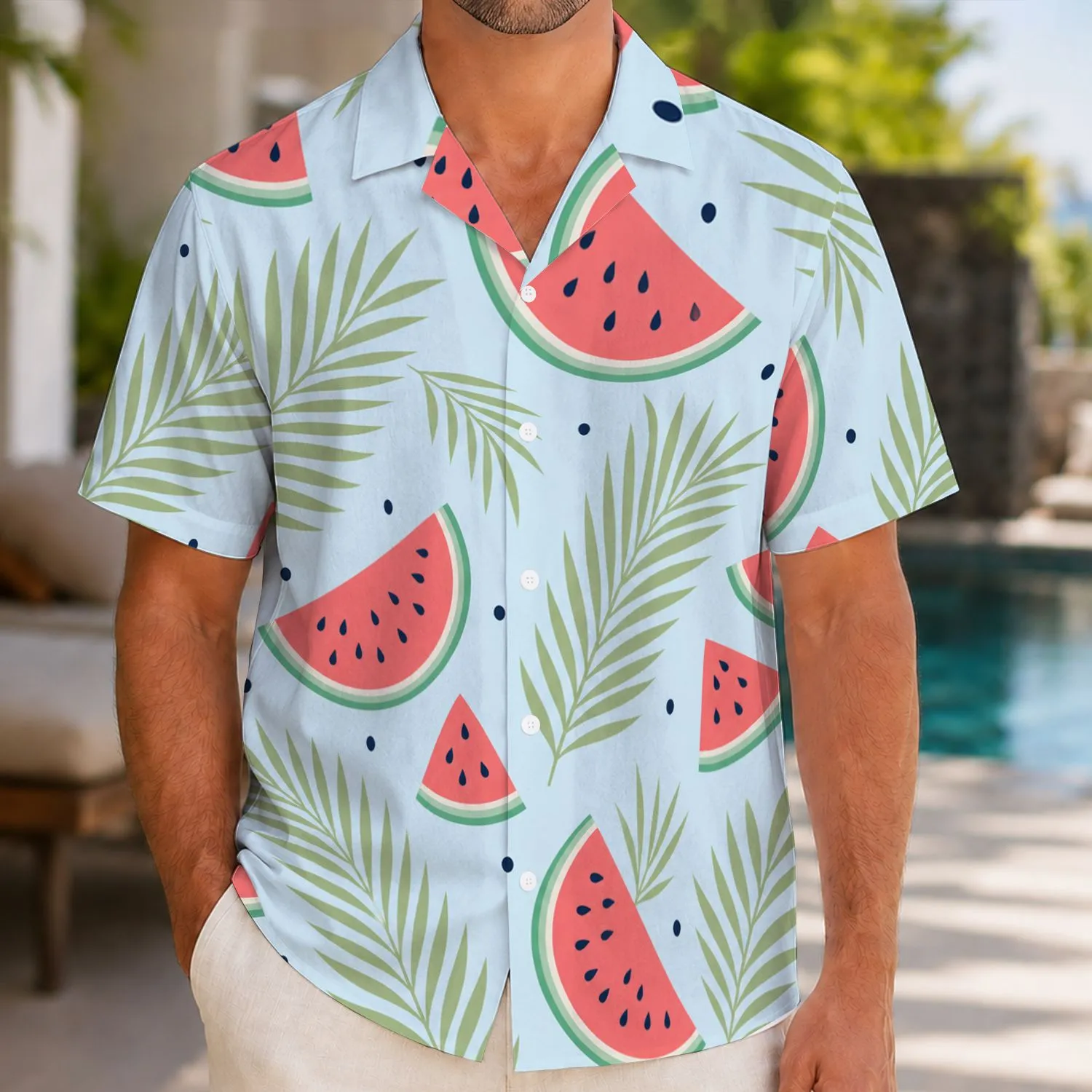 Watermelon Palm Leaves Escape for Beach Holidays and Summer Travel Men's Vacation Wear Hawaiian Shirt - 1