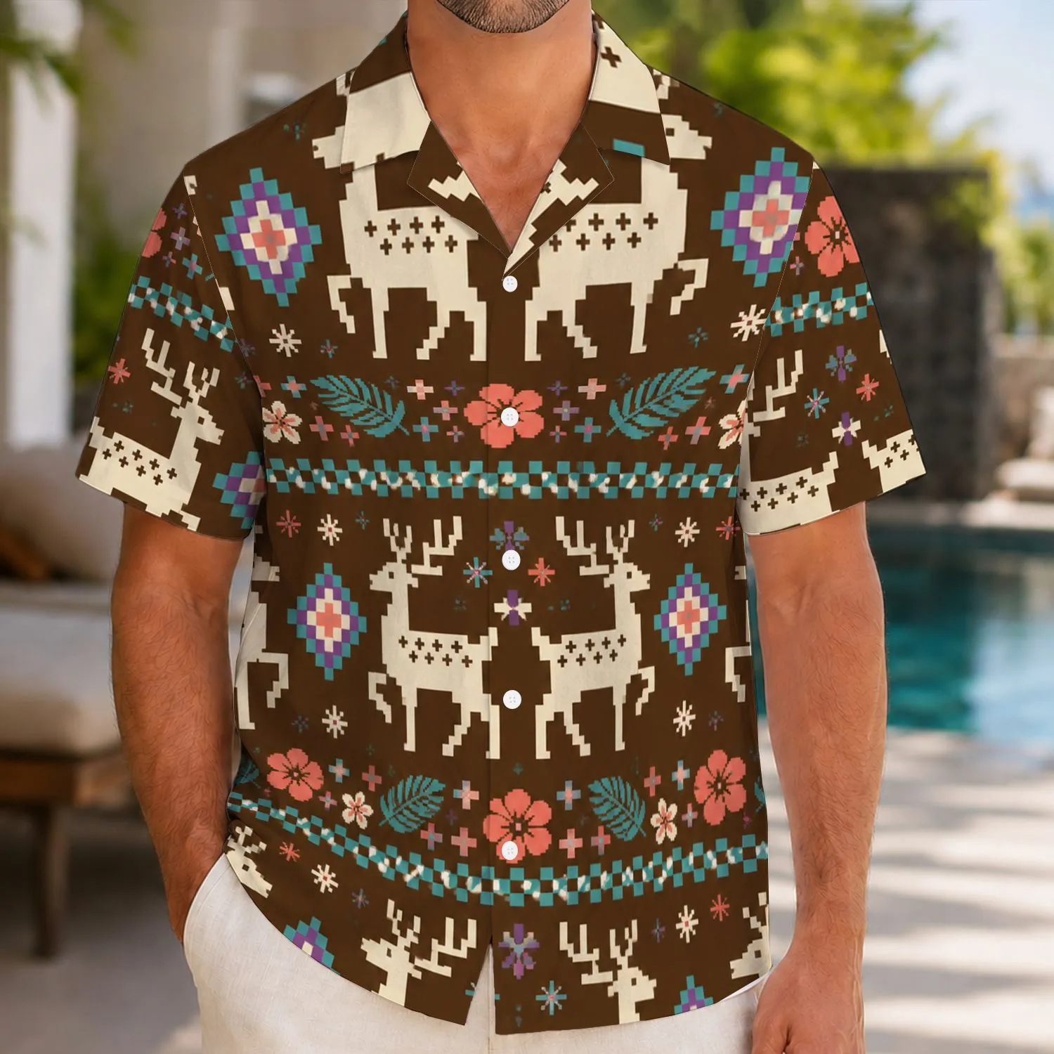 Pixel Reindeer Nordic Holiday Motifs for Festive Island Getaways and Casual Men's Style Hawaiian Shirt - 1