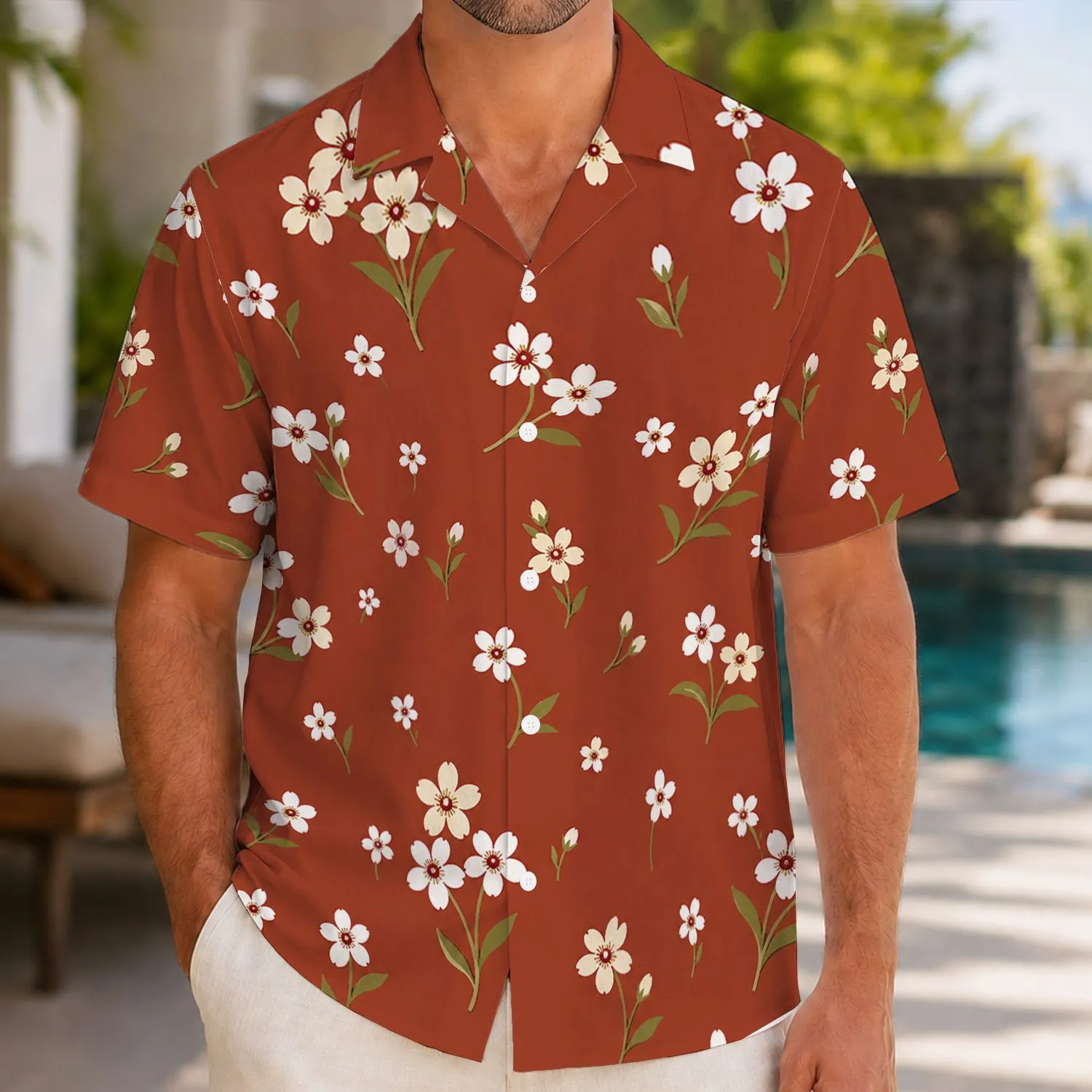 White Island Blossoms on Brick Red Ground for Beach Vacations and Summer Getaways Hawaiian Shirt - 1