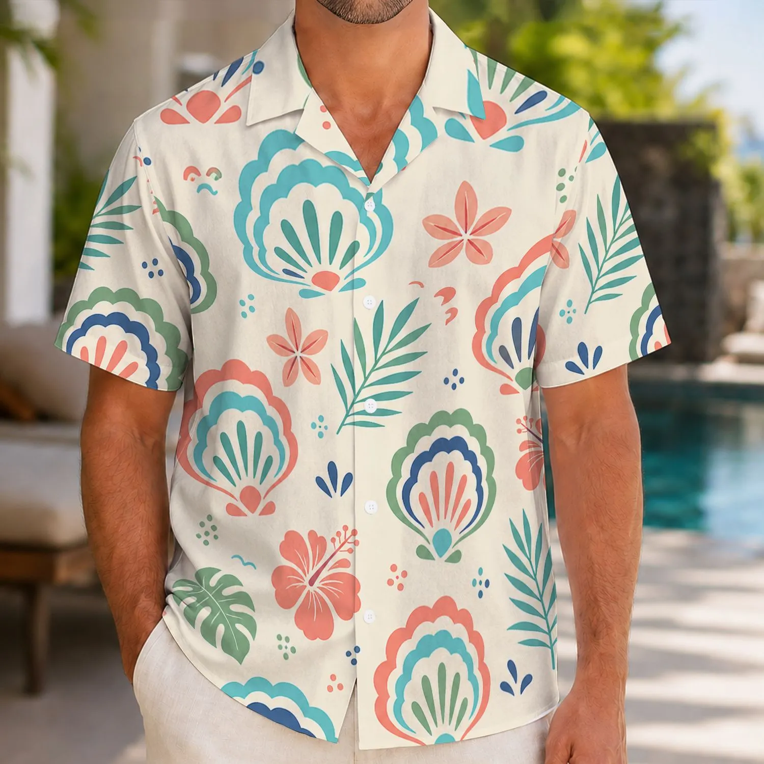 Pastel Shell Rainbow Motifs for Sunny Beach Days, Island Vacations, and Relaxed Men Hawaiian Shirt - 1