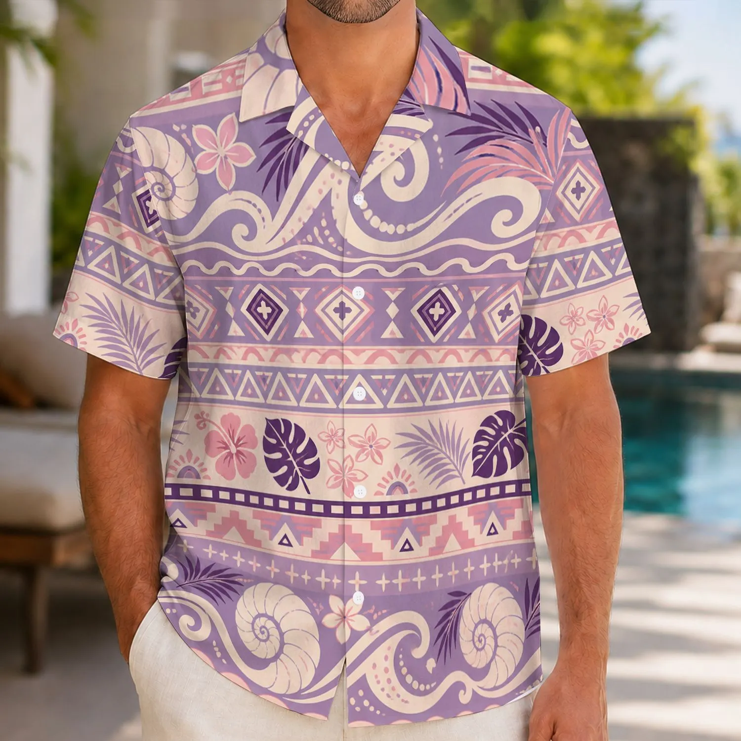 Lavender Tribal Waves And Spirals For Island Getaways, Beach Holidays And Summer Days Hawaiian Shirt - 1