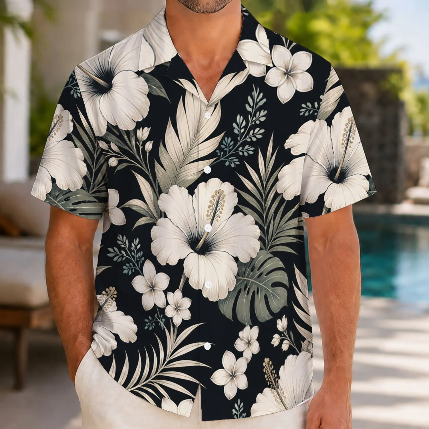 Monochrome Hibiscus and Palm Leaf Blooms for Tropical Vacations and Beach Getaways Hawaiian Shirt - 1