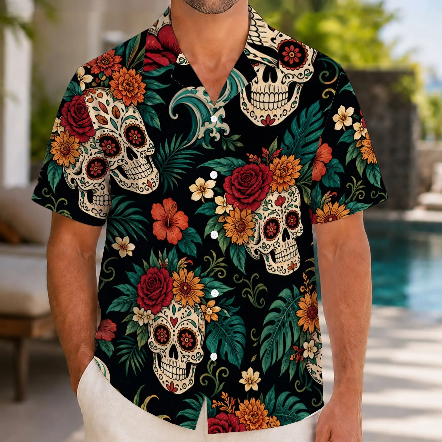 Sugar Skull Floral Motifs for Dia de los Muertos Celebrations and Festival Style Wear Hawaiian Shirt - 1