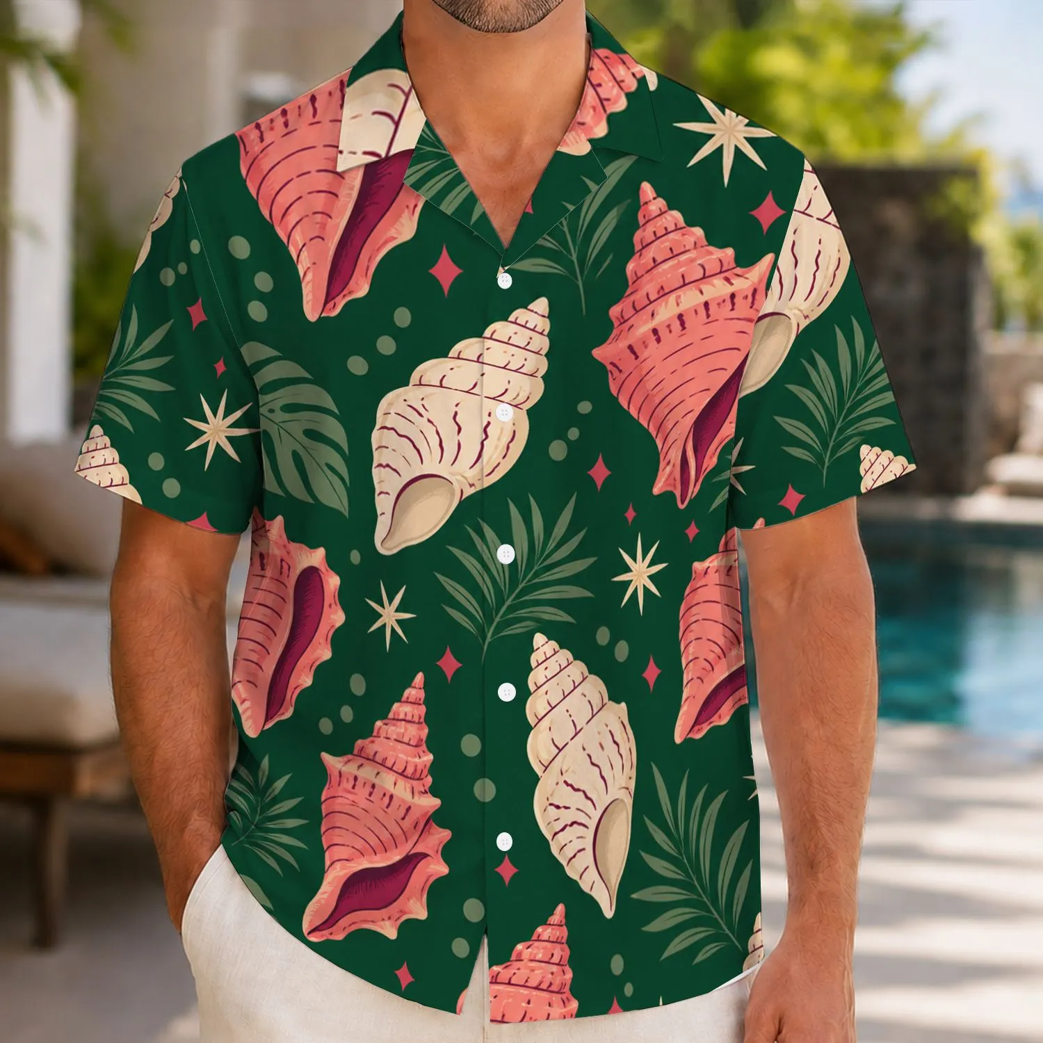 Pink Conch Shells and Sea Stars for Tropical Vacations, Beach Trips, and Resort Style Hawaiian Shirt - 1