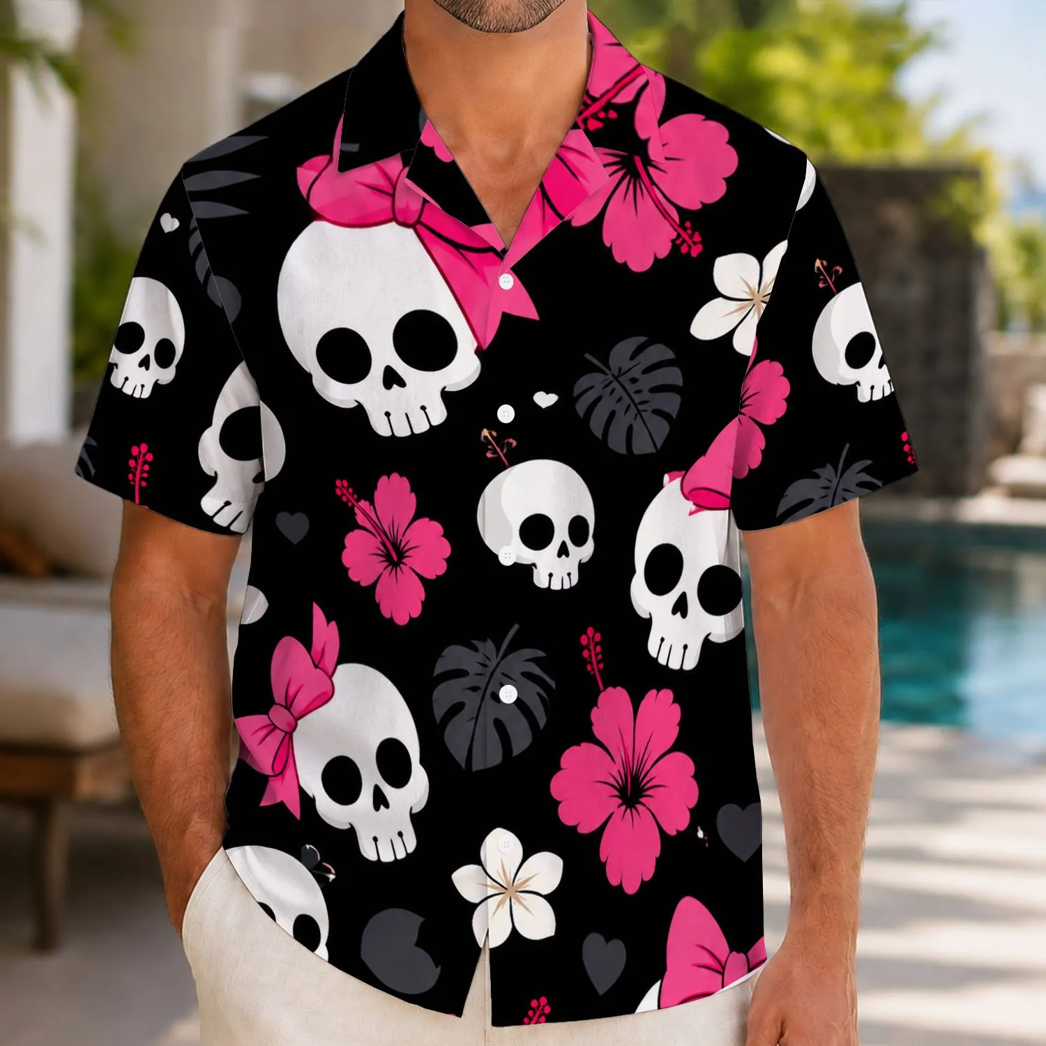 Pink Bow Skull Hearts For Beach Getaways, Halloween Parties And Playful Style For Her Hawaiian Shirt - 1