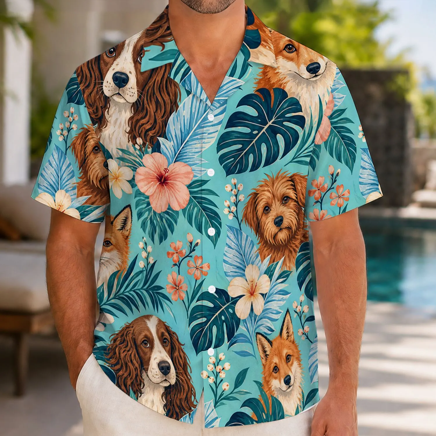 Playful Fox And Spaniel Tropical Garden Motifs For Sunny Island Vacations, Men's Hawaiian Shirt - 1