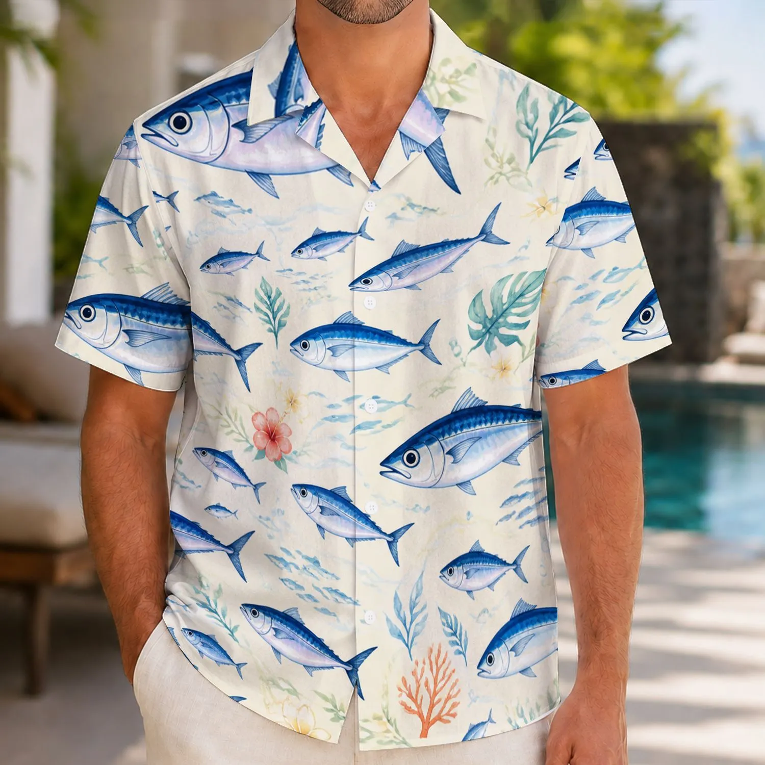 Blue Fish School Coastal Vacation Style For Men, Beach Days And Island Getaways Hawaiian Shirt - 1