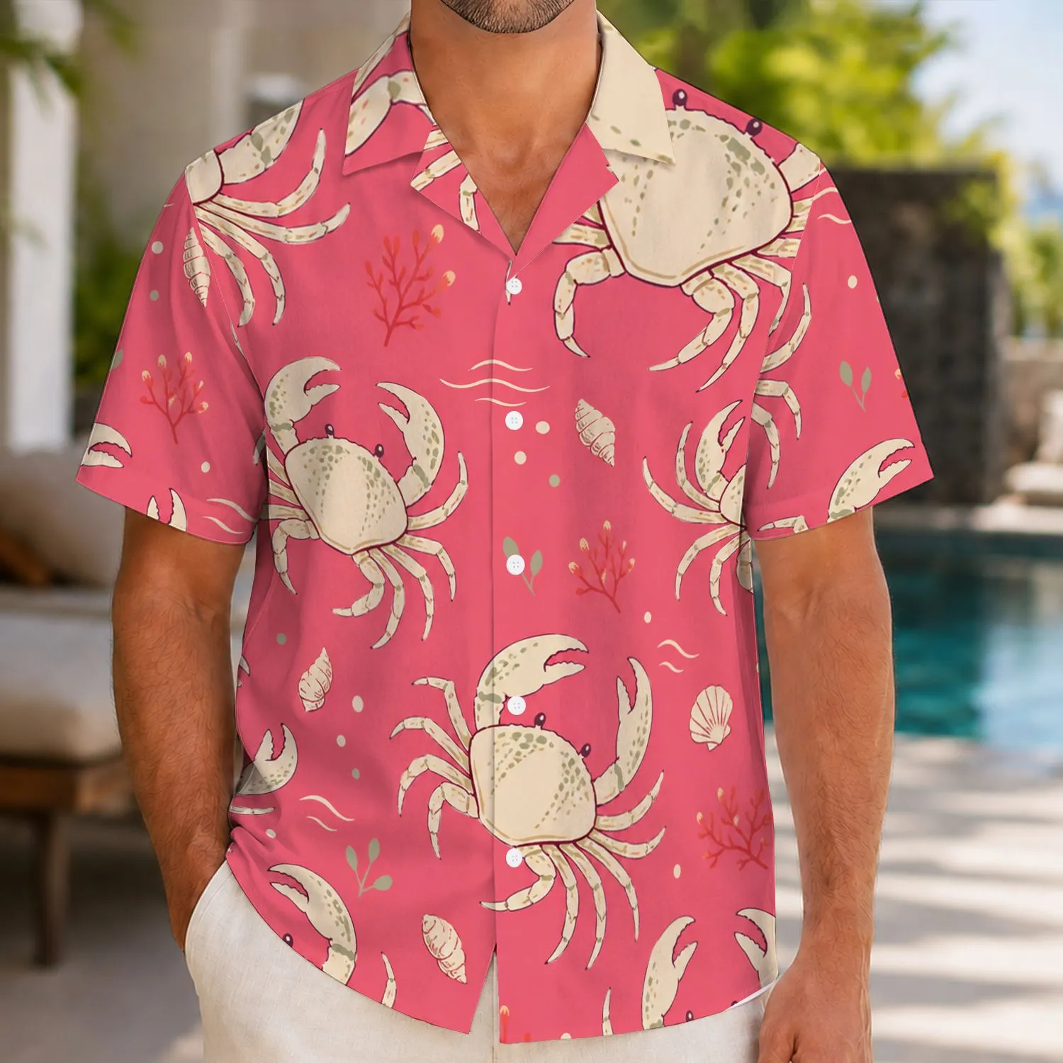 Playful Pink Crab Coast Motif for Beach Vacations and Sunny Island Getaways for Men Hawaiian Shirt - 1