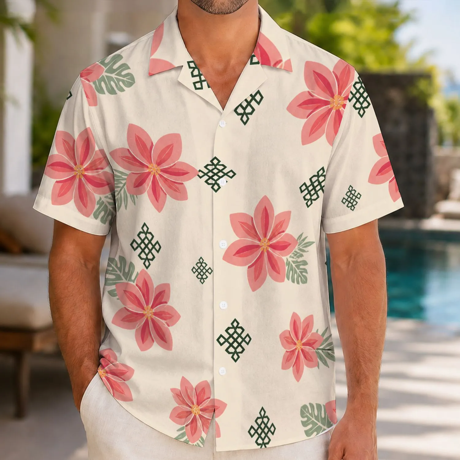 Coral Hibiscus Lattice Motifs for Beach Holidays, Cruises, and Resort Getaways Abroad Hawaiian Shirt - 1