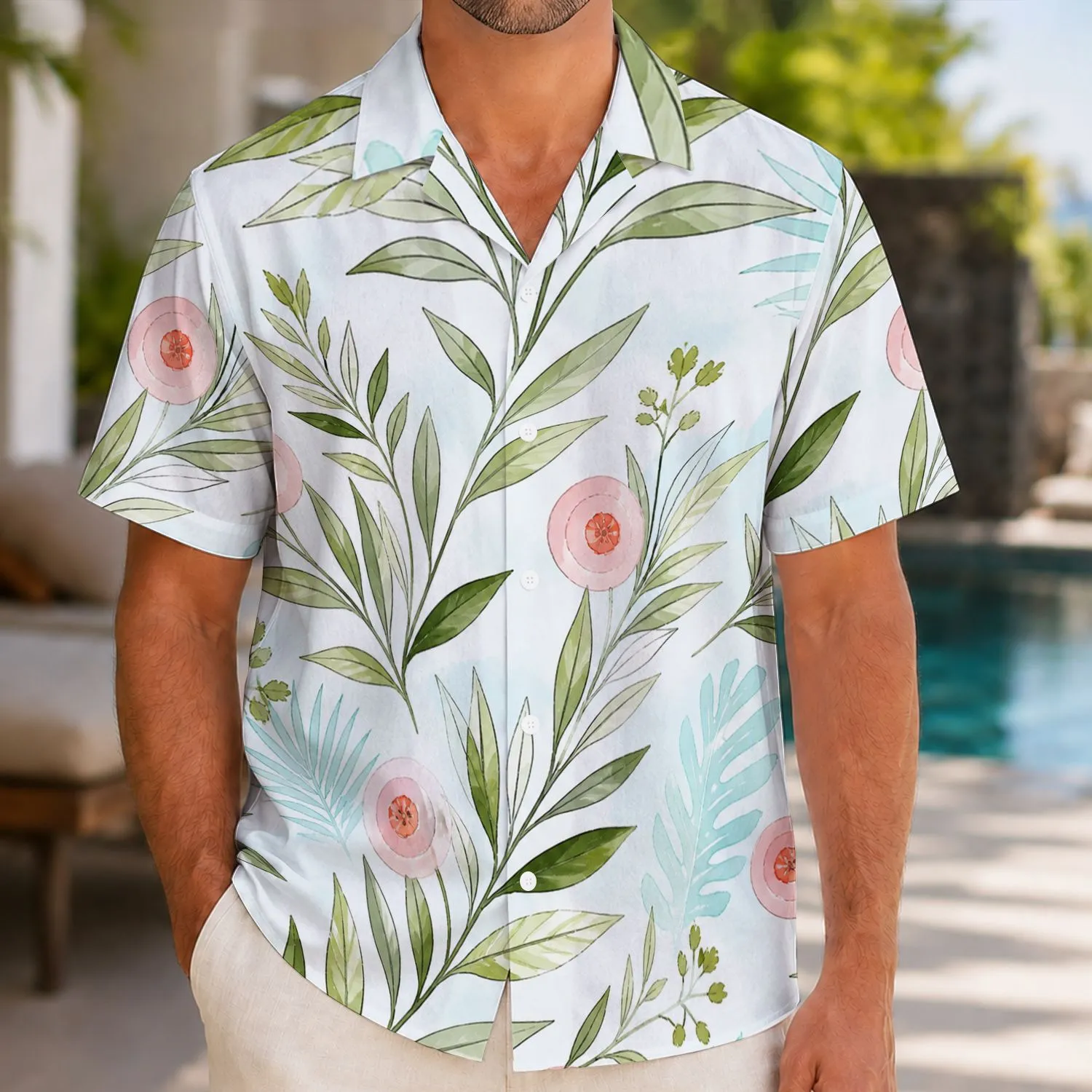 Pink Blossom and Sage Leaf Botanical for Beach Holidays and Relaxed Tropical Resort Days Hawaiian Shirt - 1