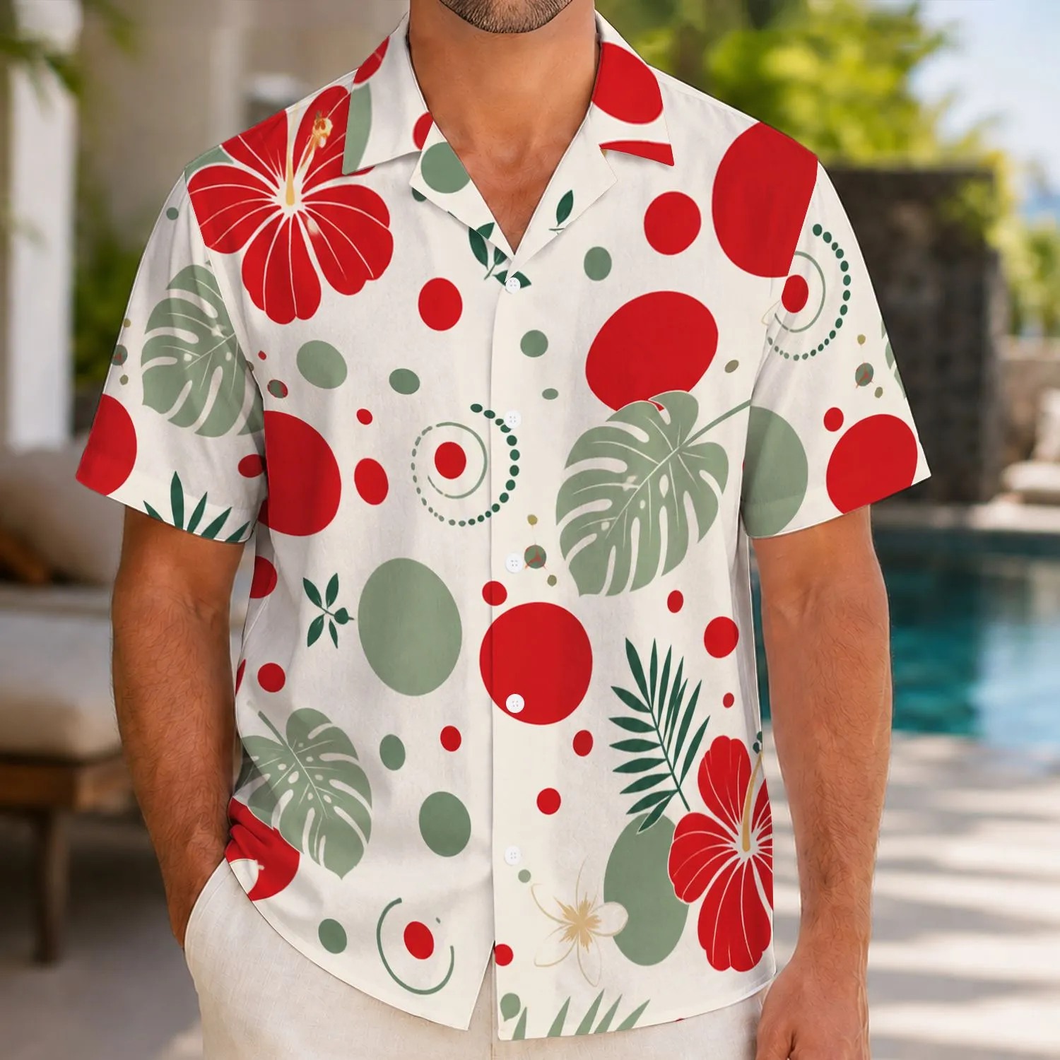Retro Red And Sage Polka Dots For Resort Holidays And Summer Parties, Men’s Gift Hawaiian Shirt - 1