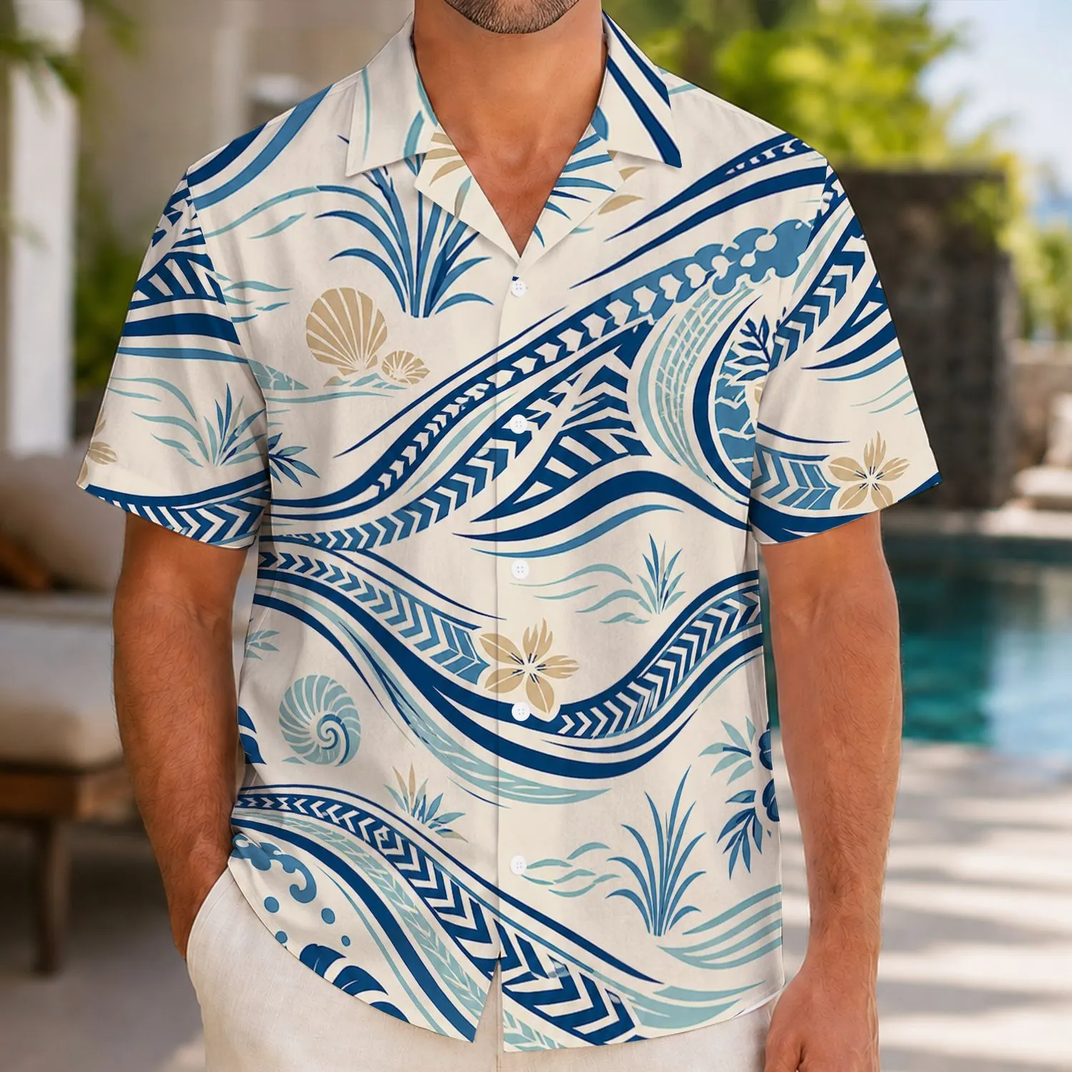 Nautical Wave Geometry for Coastal Vacations and Resort Weekends, Men's Beach Style Hawaiian Shirt - 1