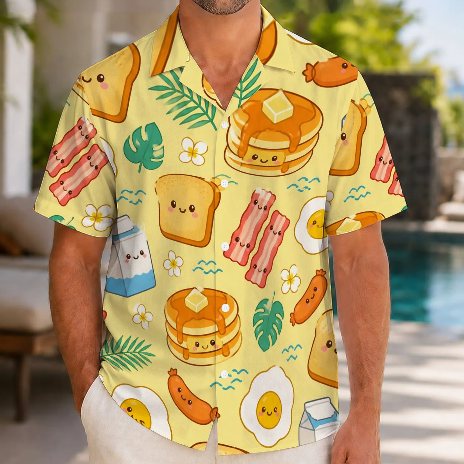 Kawaii Breakfast Toast Eggs Bacon and Milk for Sunny Vacation Brunch Style for Men Hawaiian Shirt - 1
