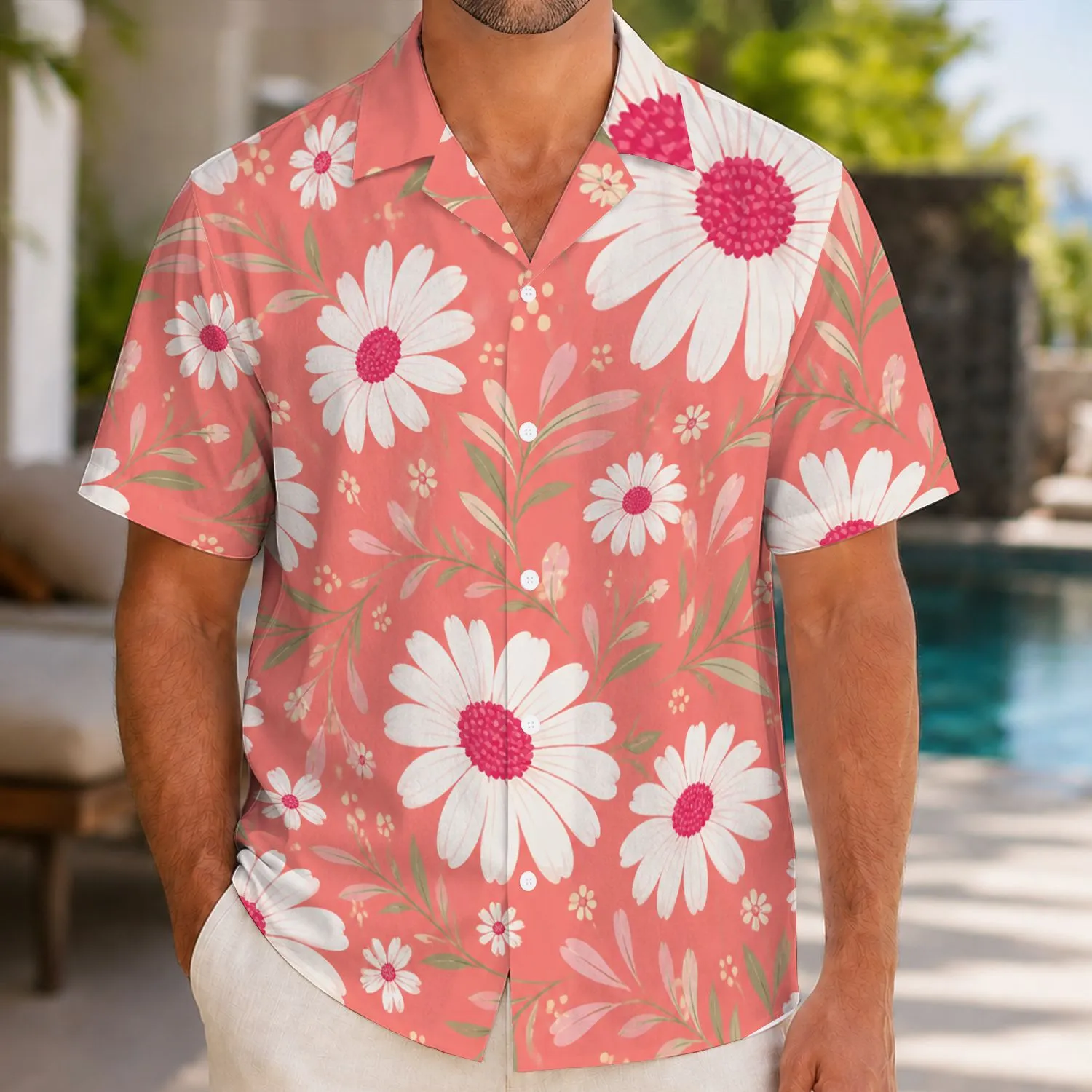 Pink Daisy Garden with White Blooms for Sunny Beach Days and Resort Vacations for Men Hawaiian Shirt - 1