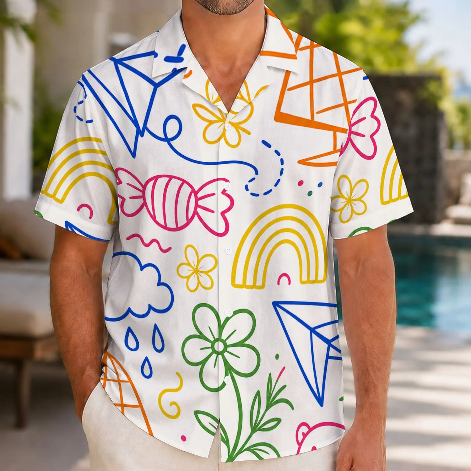 Playful Tropical Paper Planes, Rainbows, and Candy Shapes for Bright Vacation Days Hawaiian Shirt - 1