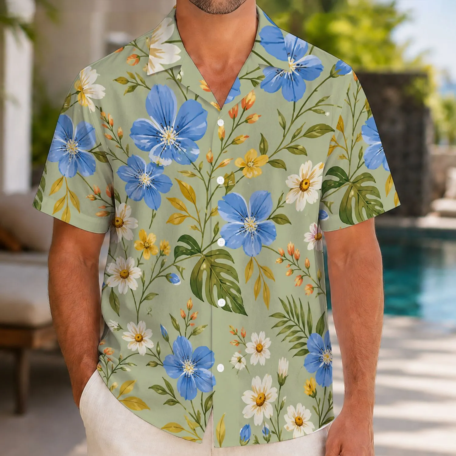 Blue Daisy Meadow With Golden Wildflowers For Sunny Island Vacations And Resort Days Hawaiian Shirt - 1