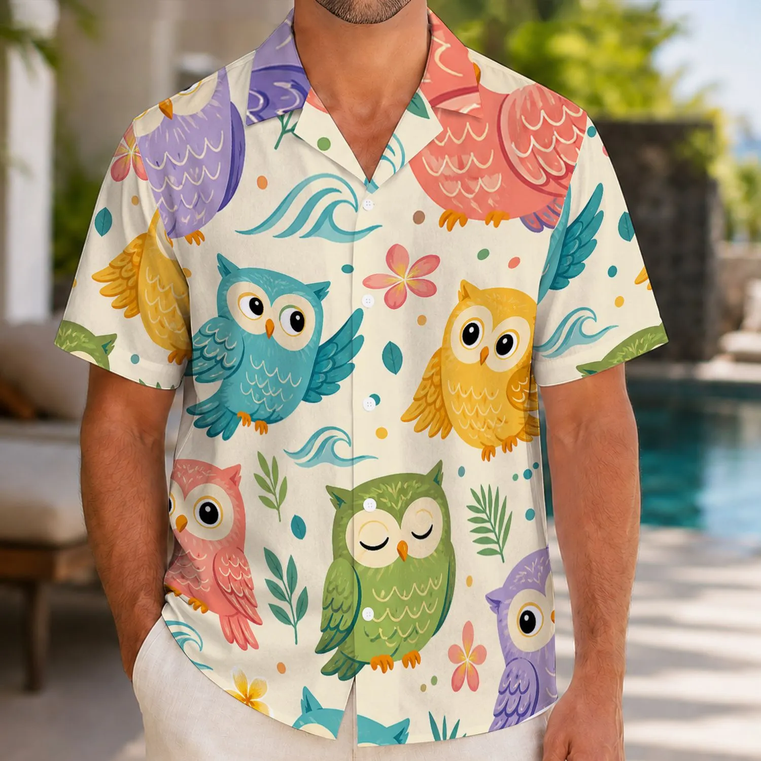 Colorful Owl Island Motifs for Beach Holidays and Casual Summer Days for Men Travelers Hawaiian Shirt - 1