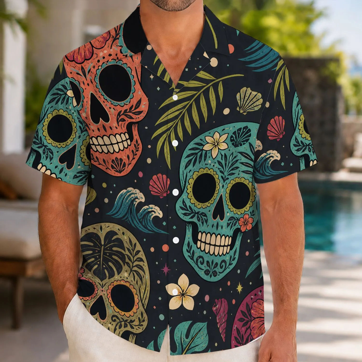 Colorful Skull Island Night Scene For Beach Vacations, Festivals And Casual Outings Hawaiian Shirt - 1