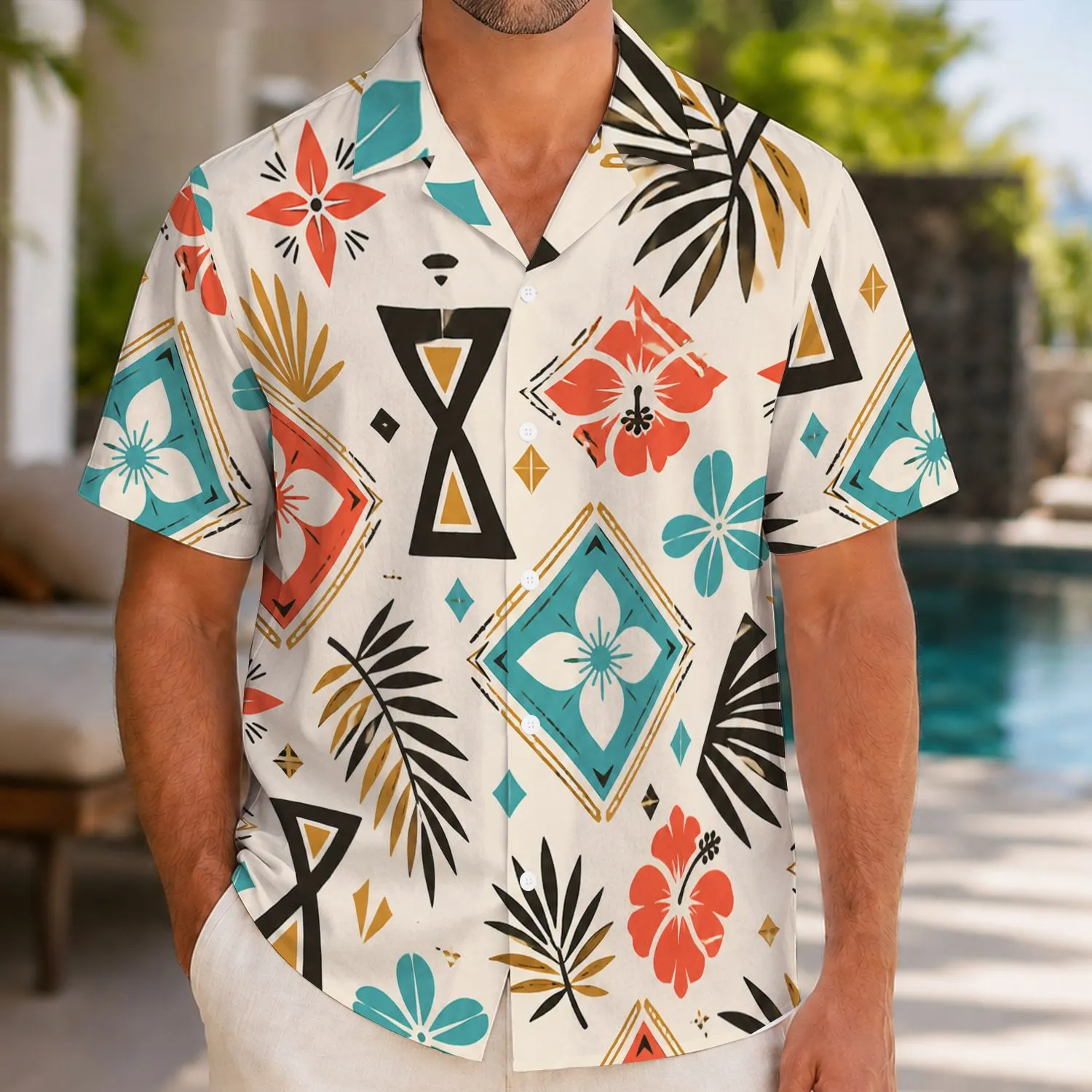 Turquoise Coral Geometric Medallions for Summer Resort Days and Island Vacations Hawaiian Shirt - 1