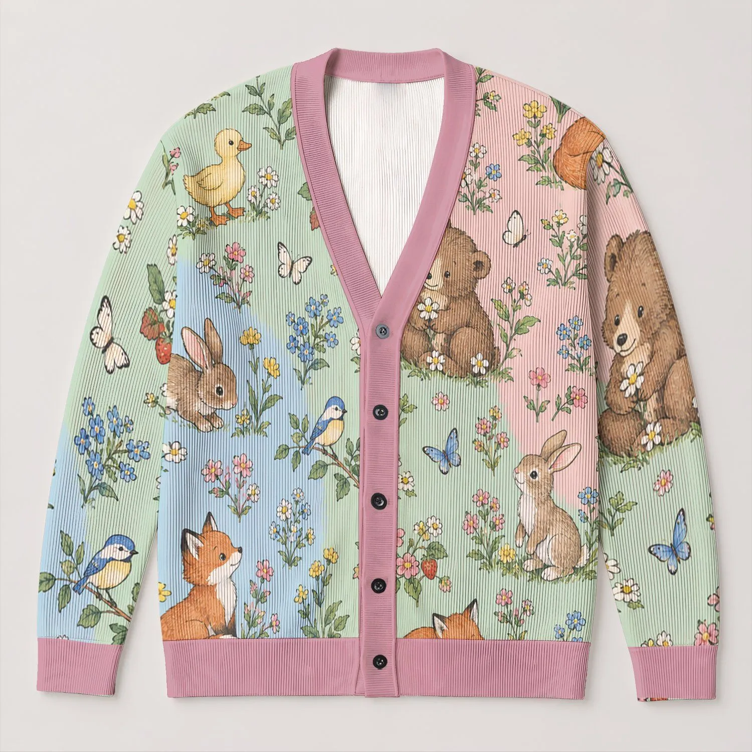 Pastel Woodland Friends for Soft Spring Outfits and Playful Everyday Style Lovers All-over Print Knitted Cardigan - 1