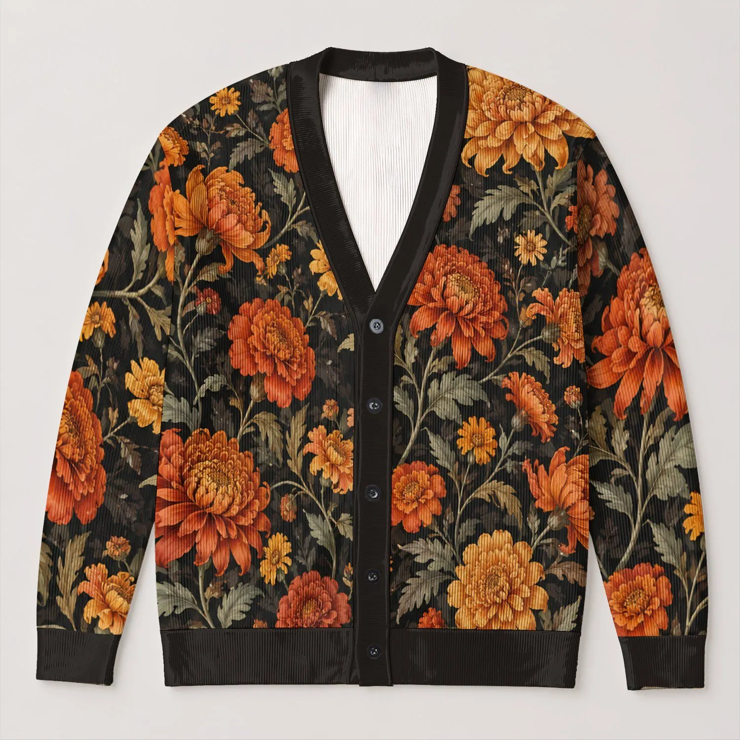 Autumn Orange Marigold Floral Everyday Layering For Women Plus Size Holiday Gatherings All-over Print Knitted Cardigan - 1