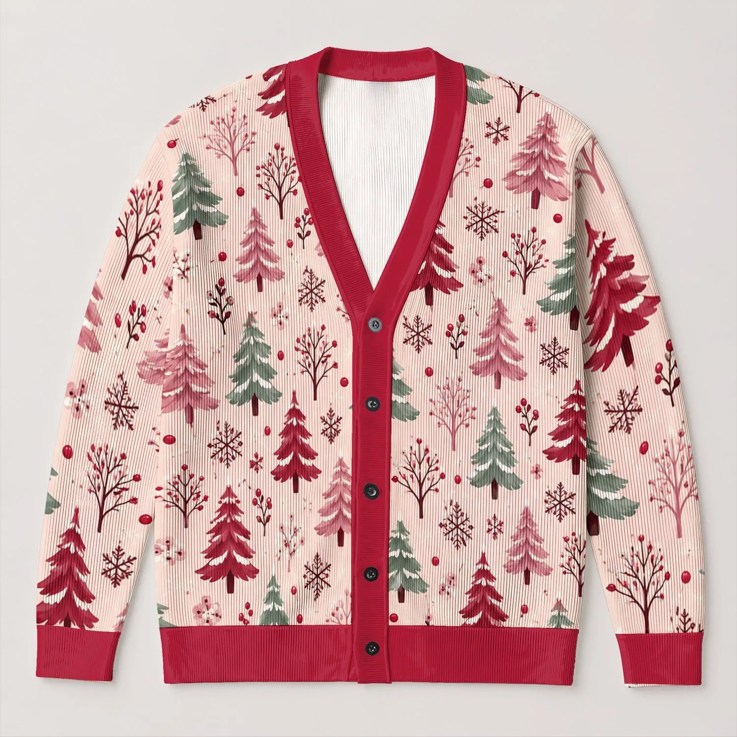 Pastel Christmas Trees And Snowflakes For Cozy Holiday Gatherings, Women’s Winter Style All-over Print Knitted Cardigan - 1