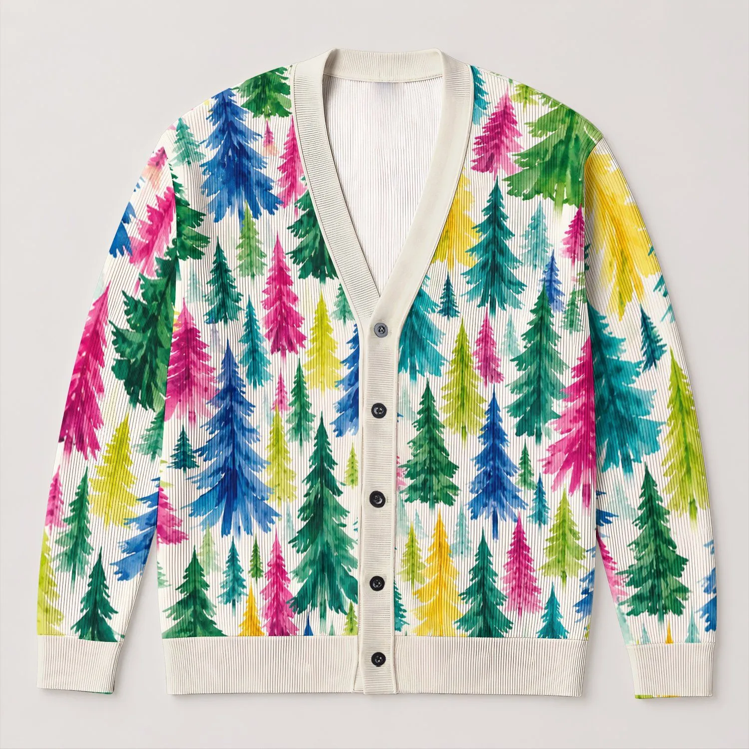 Watercolor Evergreen Trees for Cozy Winter Layering and Colorful Everyday Style for Women All-over Print Knitted Cardigan - 1