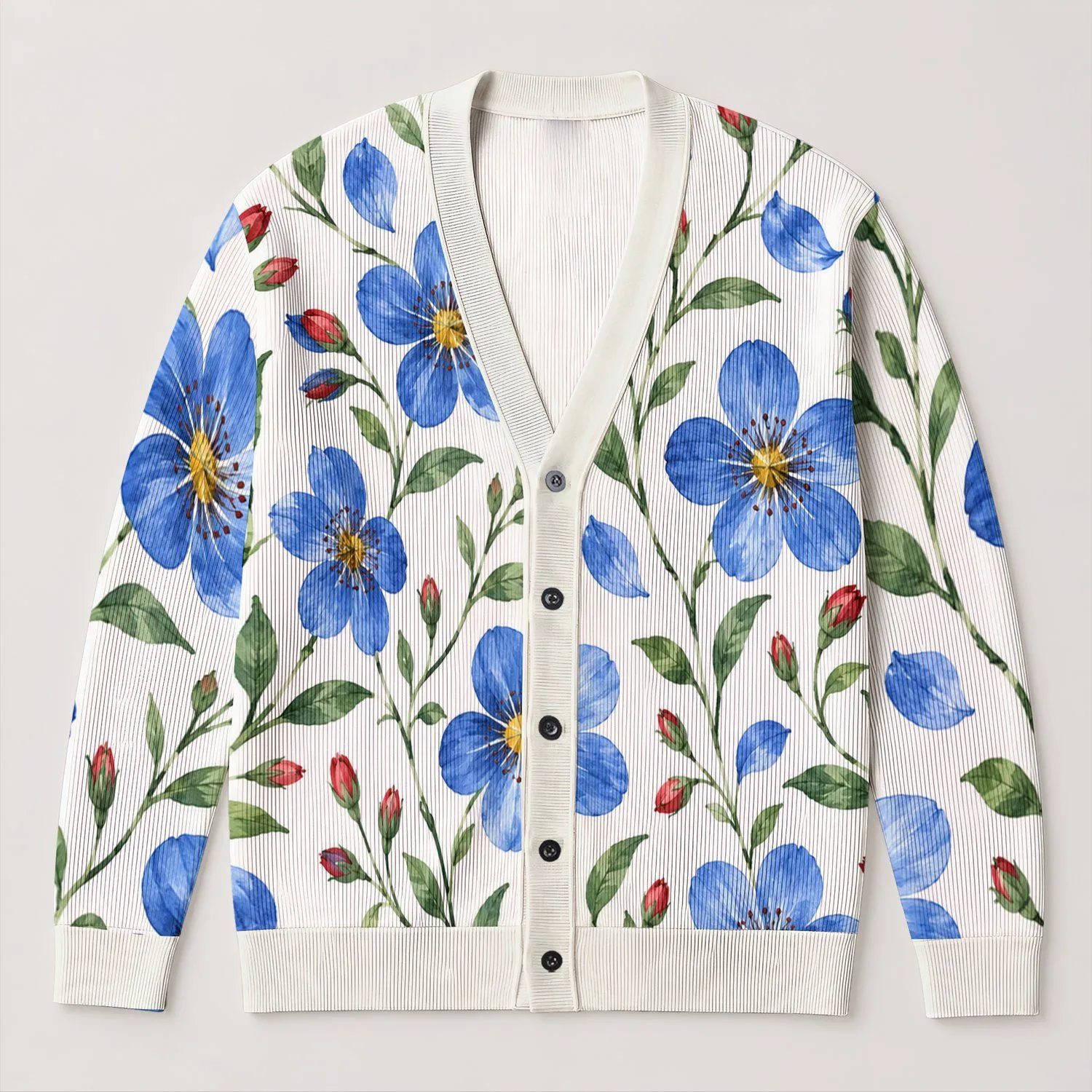 Blue Wildflower Garden Style for Easy Everyday Layering, Weekend Outings, and Brunch All-over Print Knitted Cardigan - 1