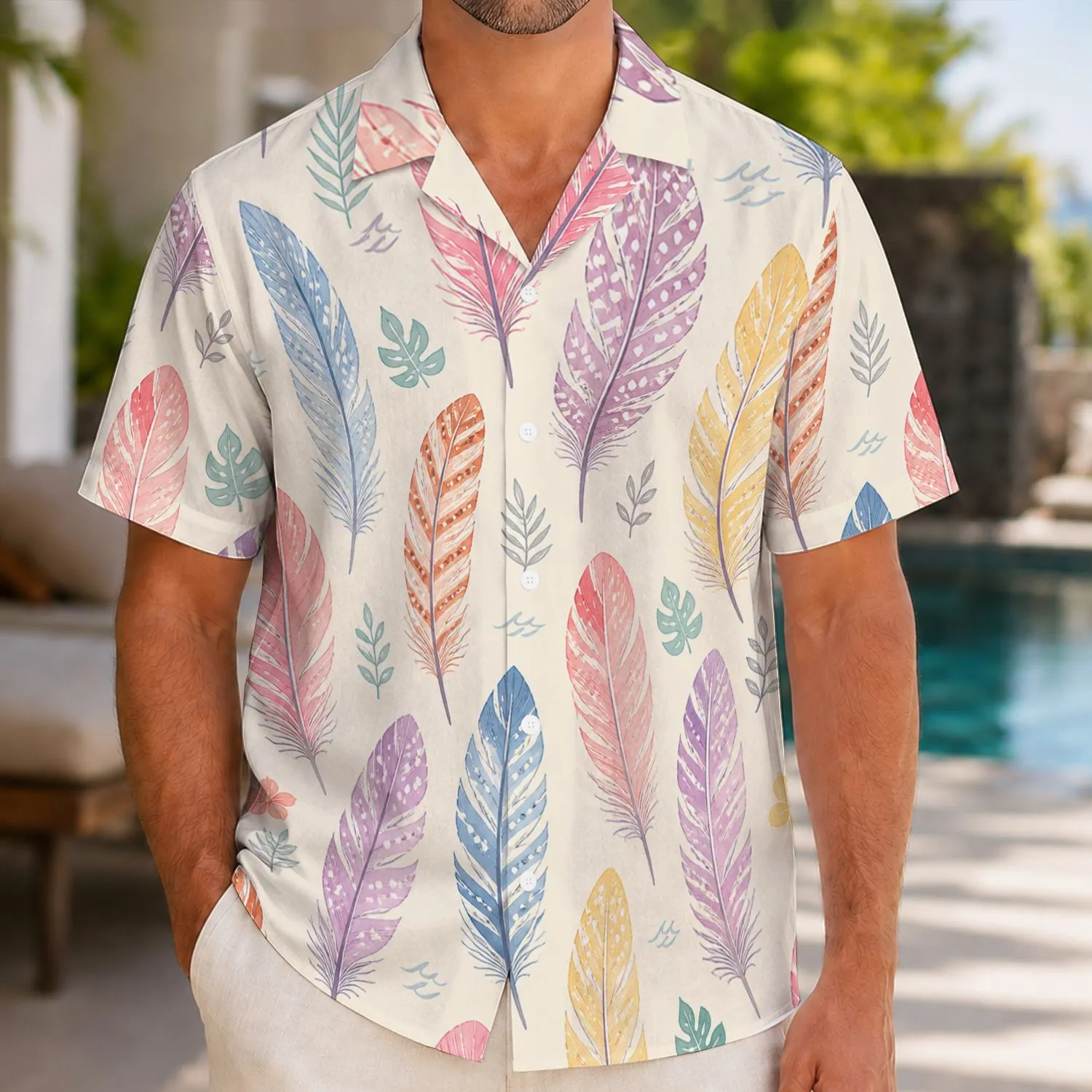 Pastel Feather Stripes for Beach Holidays and Resort Weekends, Men's Vacation Style Hawaiian Shirt - 1