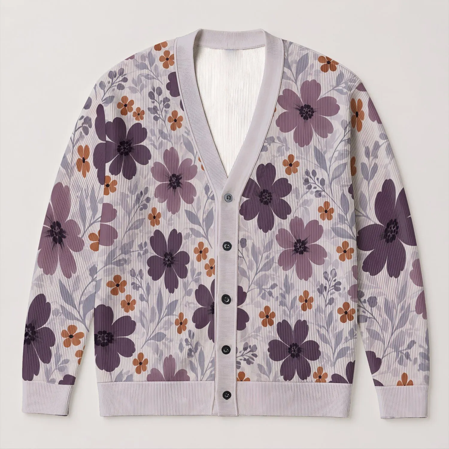 Purple Floral Botanical Motifs for Elegant Fall Layering and Everyday Women's Style All-over Print Knitted Cardigan - 1