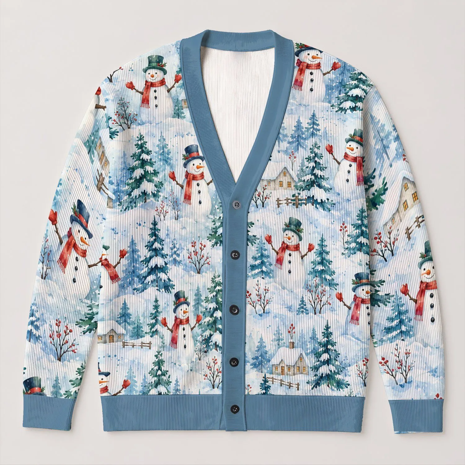 Watercolor Snowman Winter Scene for Cozy Holiday Layering and Everyday Cold Weather Style All-over Print Knitted Cardigan - 1