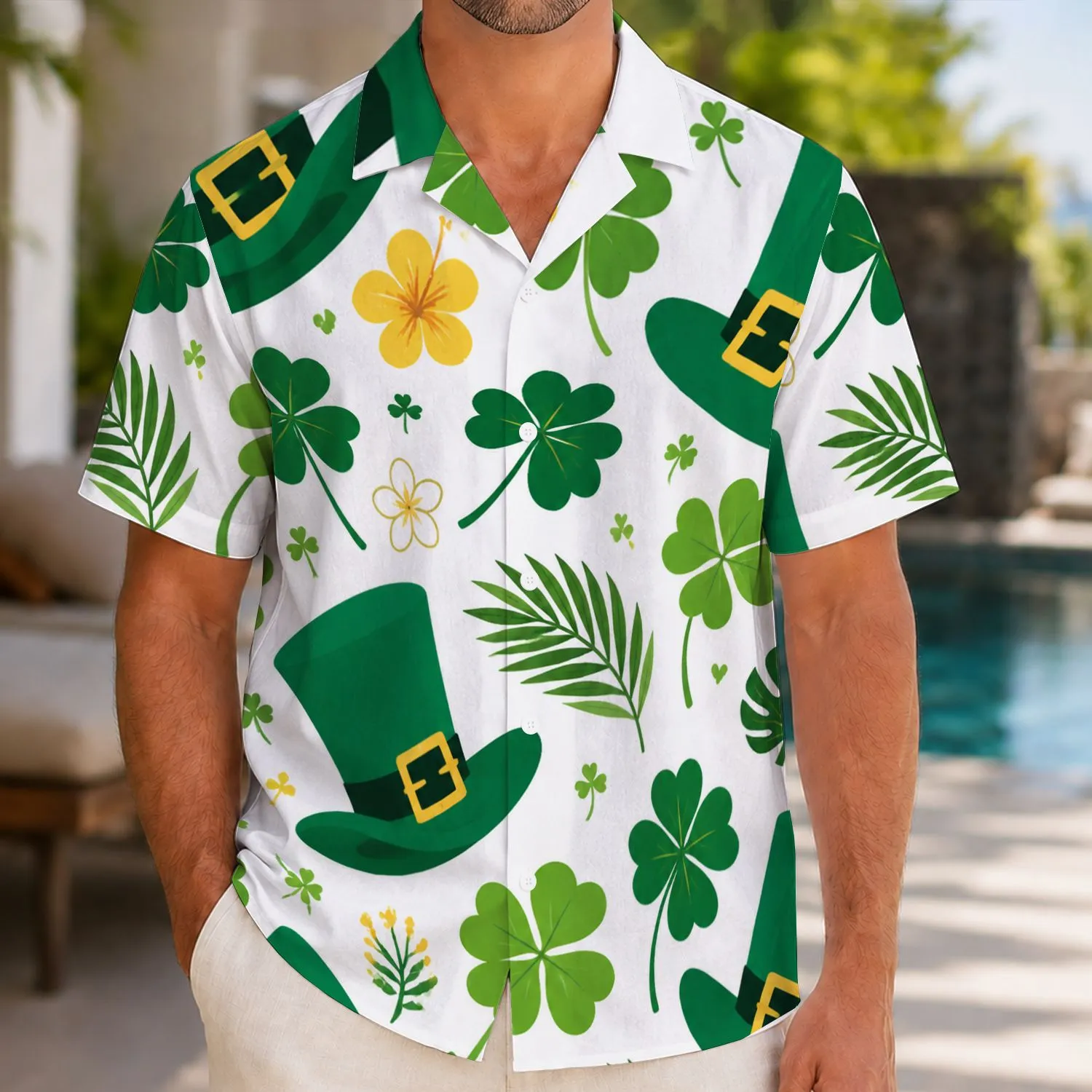 Green Leprechaun Hats And Shamrocks For St. Patrick's Day Celebrations, Festive Men Hawaiian Shirt - 1