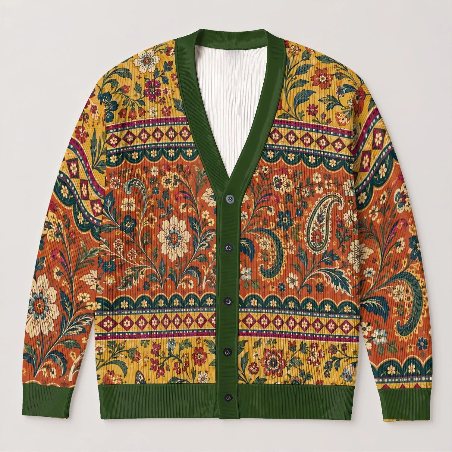 Vintage Mustard Floral Paisley Boho Style for Casual Relaxed Everyday Layering for Women All-over Print Knitted Cardigan - 1