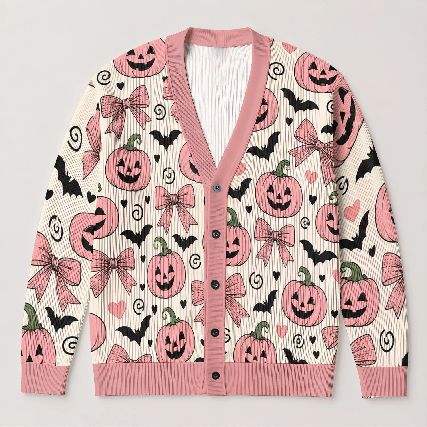 Pink Halloween Pumpkins and Bows for Festive Autumn Outfits for Women, Cute Spooky Style All-over Print Knitted Cardigan - 1