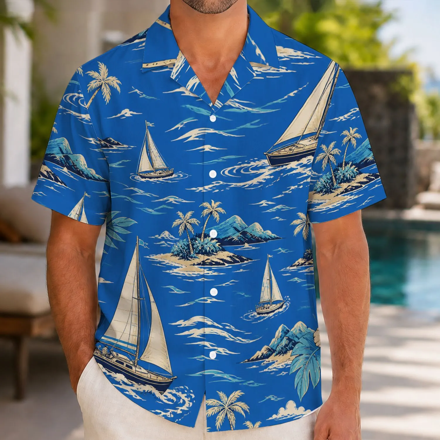 Sailboat Island Coastline Scene for Beach Vacations and Coastal Getaways for Men Hawaiian Shirt - 1