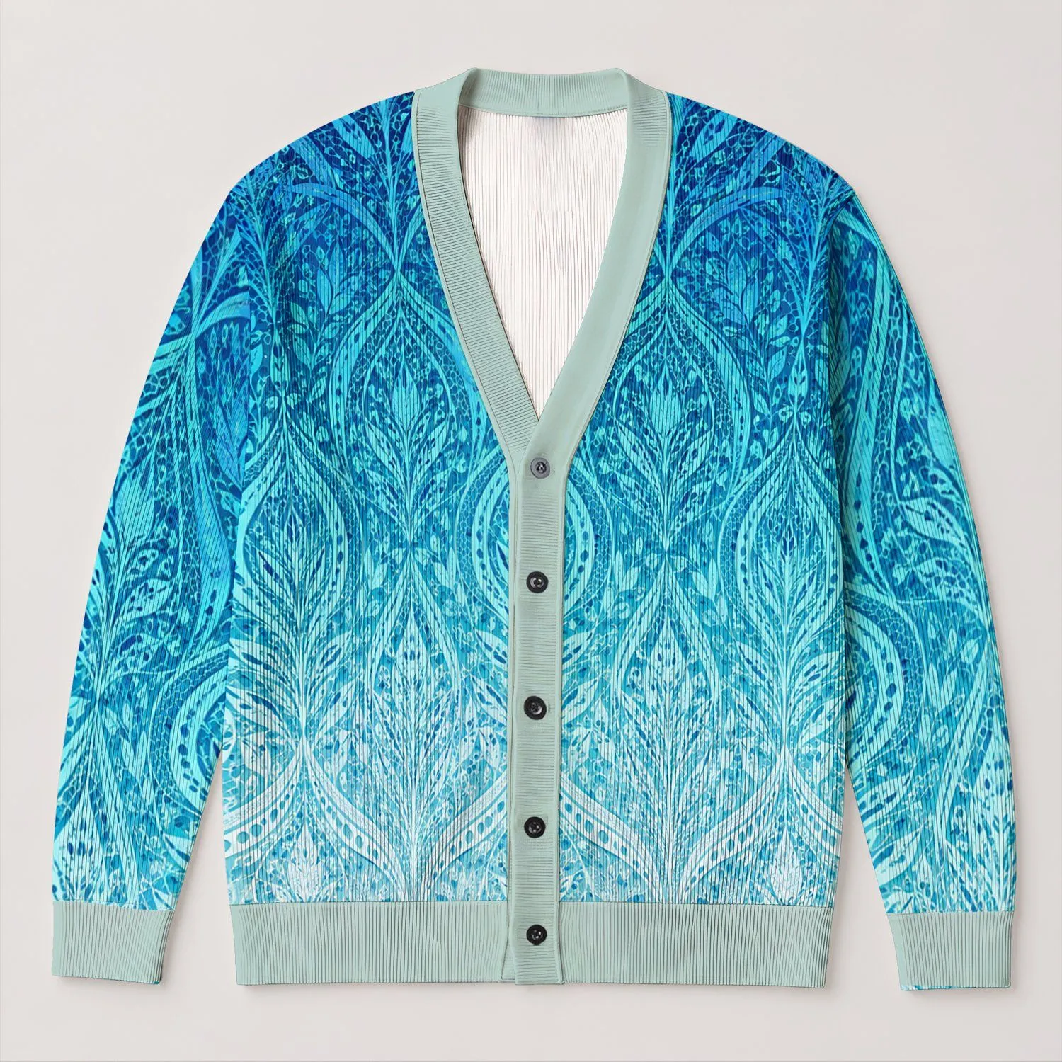 Blue Teal Watercolor Lace Waves for Beach Days and Relaxed Coastal Weekend Styling All-over Print Knitted Cardigan - 1