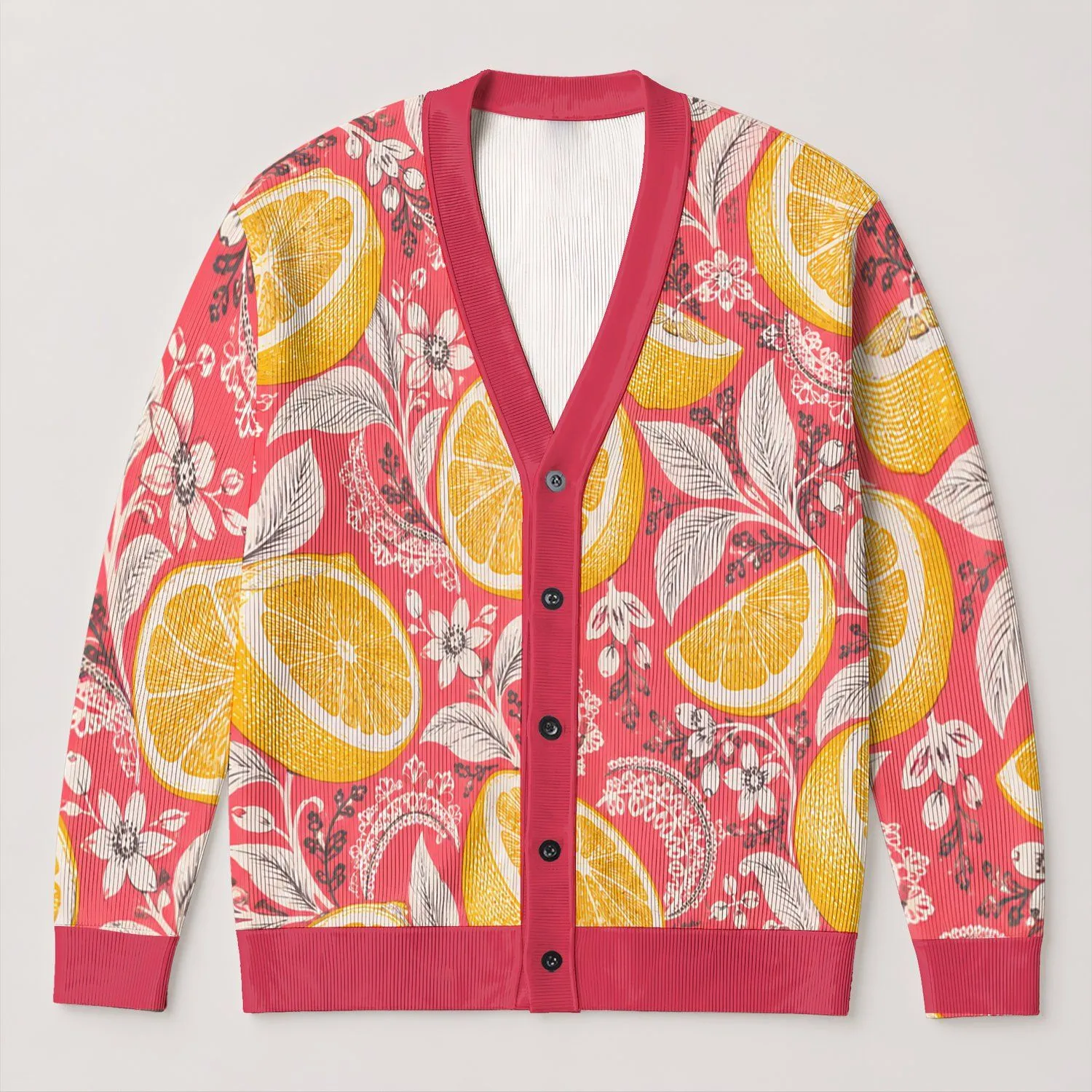 Lemon Citrus Lace Motifs for Beach Getaways and Date Days, Women's Resort Style All-over Print Knitted Cardigan - 1
