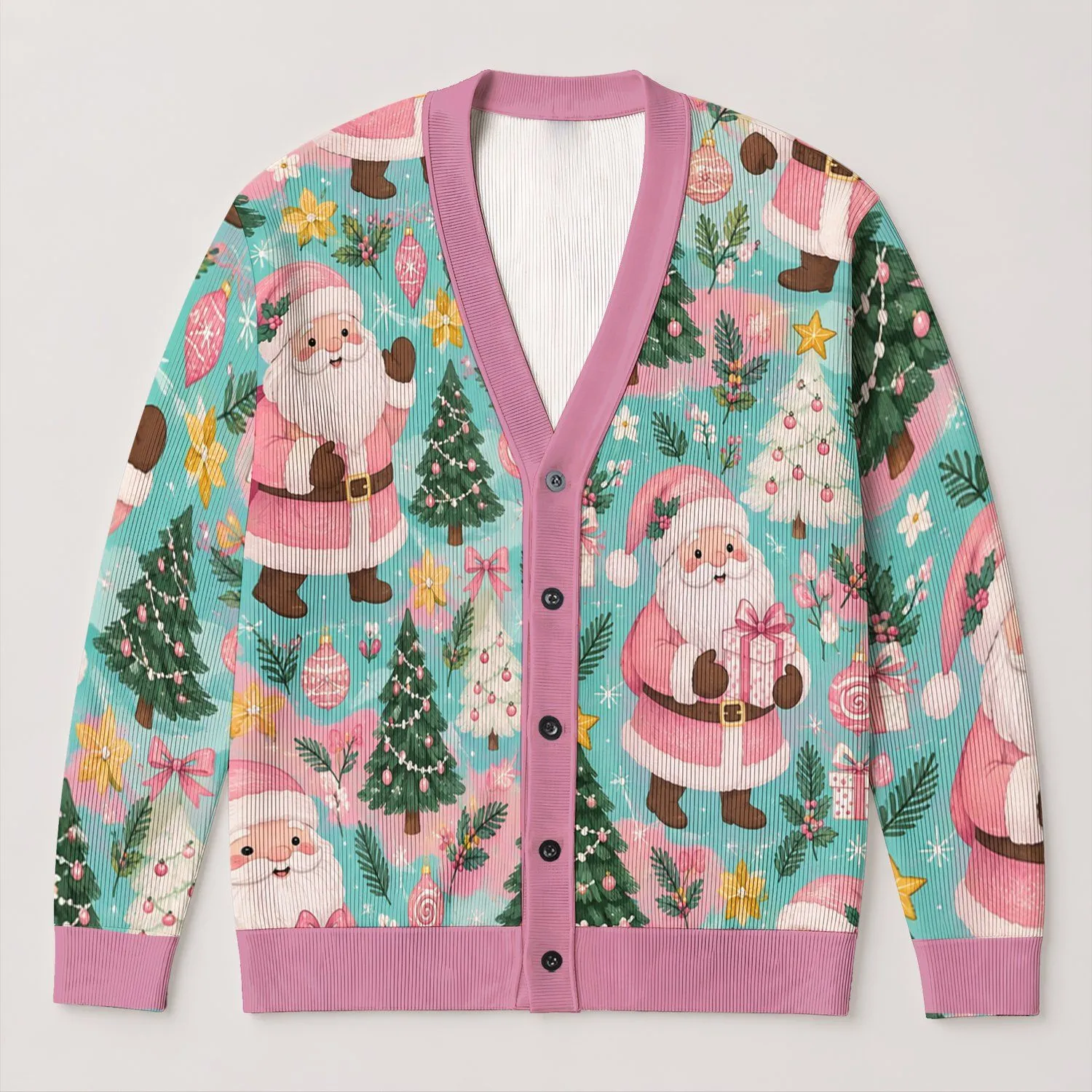 Pink Santa Claus Holiday Scene for Cozy Vacation Layering, Women’s Festive Style All-over Print Knitted Cardigan - 1