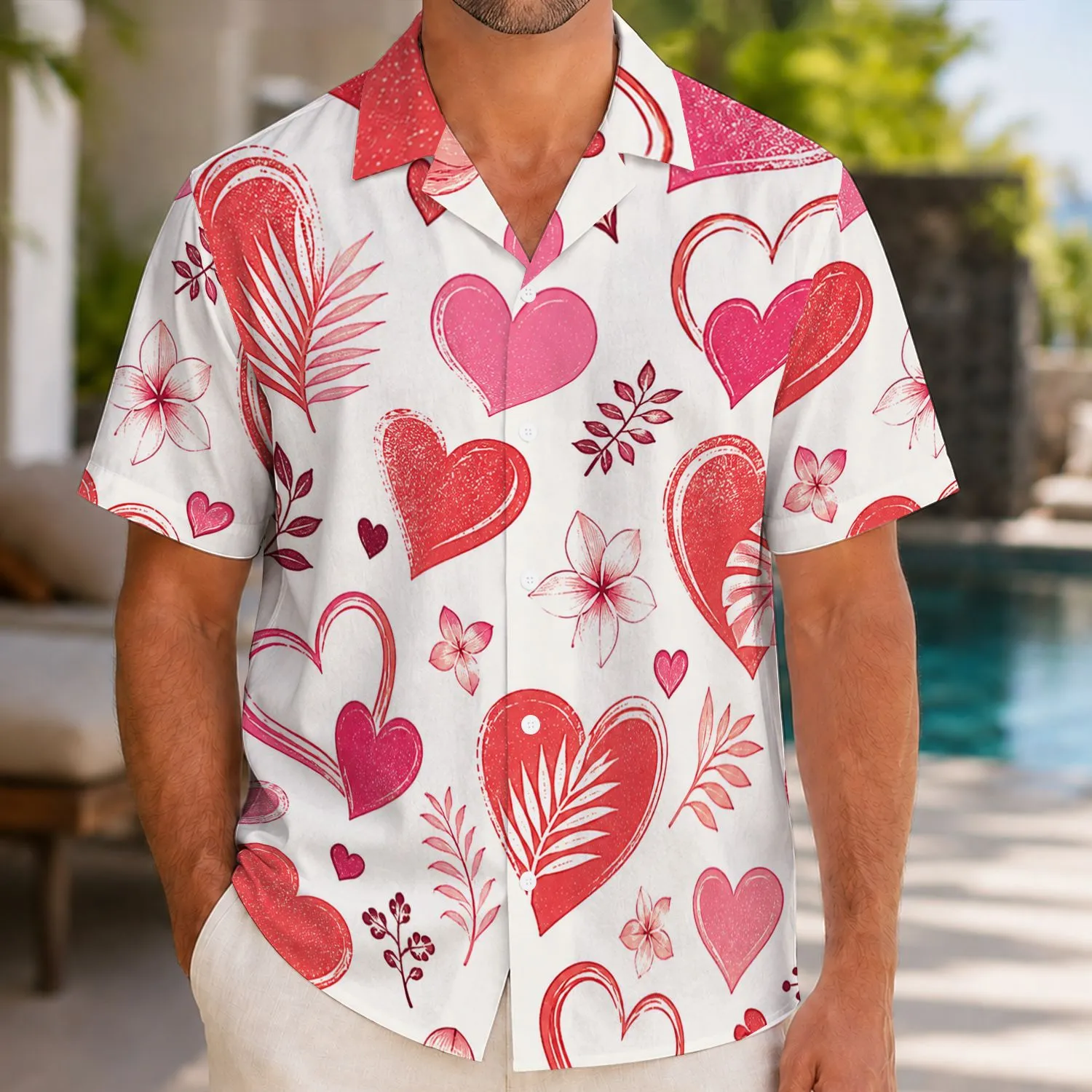 Pink Heart Tropical Love Motif for Romantic Getaways and Valentine's Day Vacation Style Hawaiian Shirt - 1