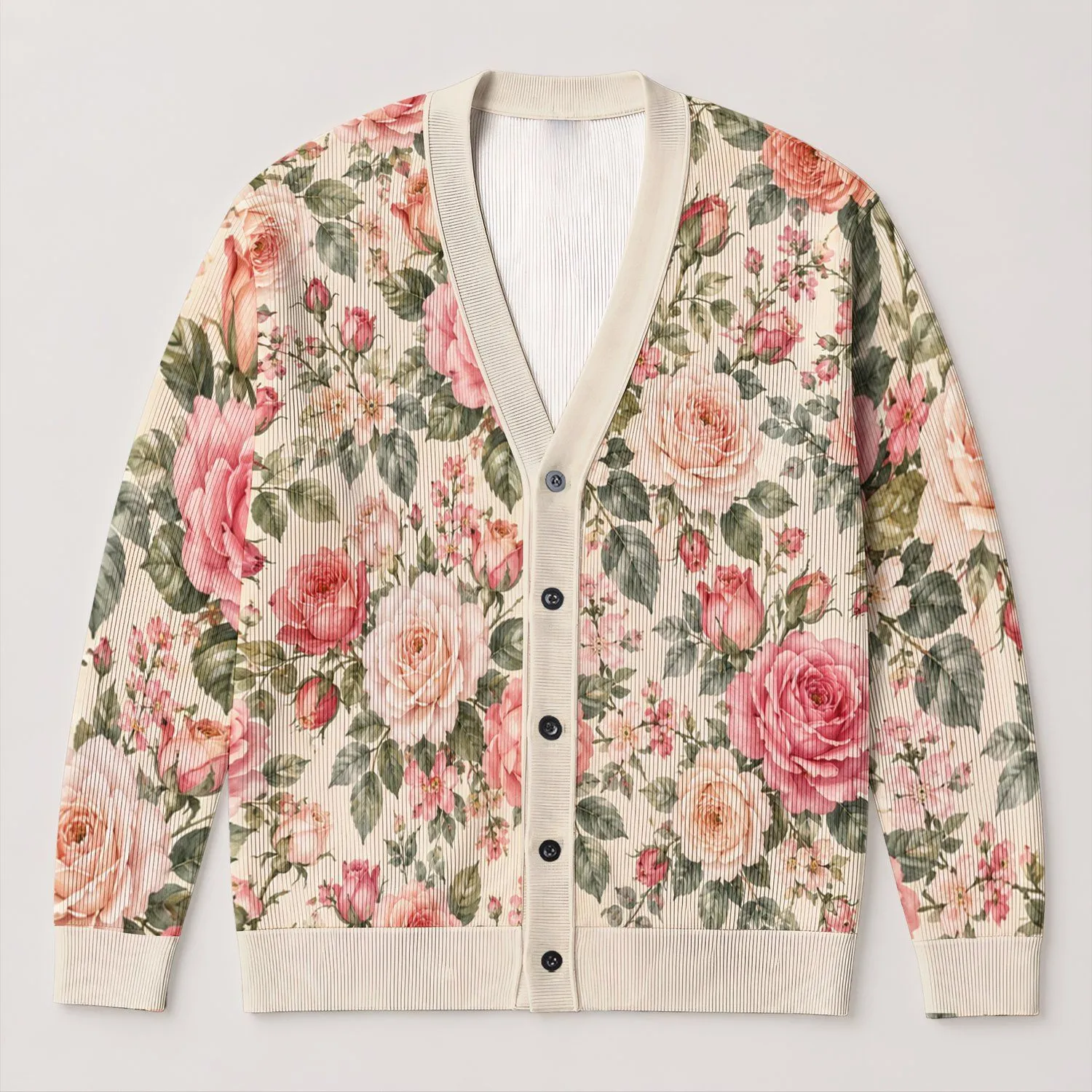 Pink Peach Rose Garden Blooms for Everyday Layering and Soft Romantic Women's Style All-over Print Knitted Cardigan - 1