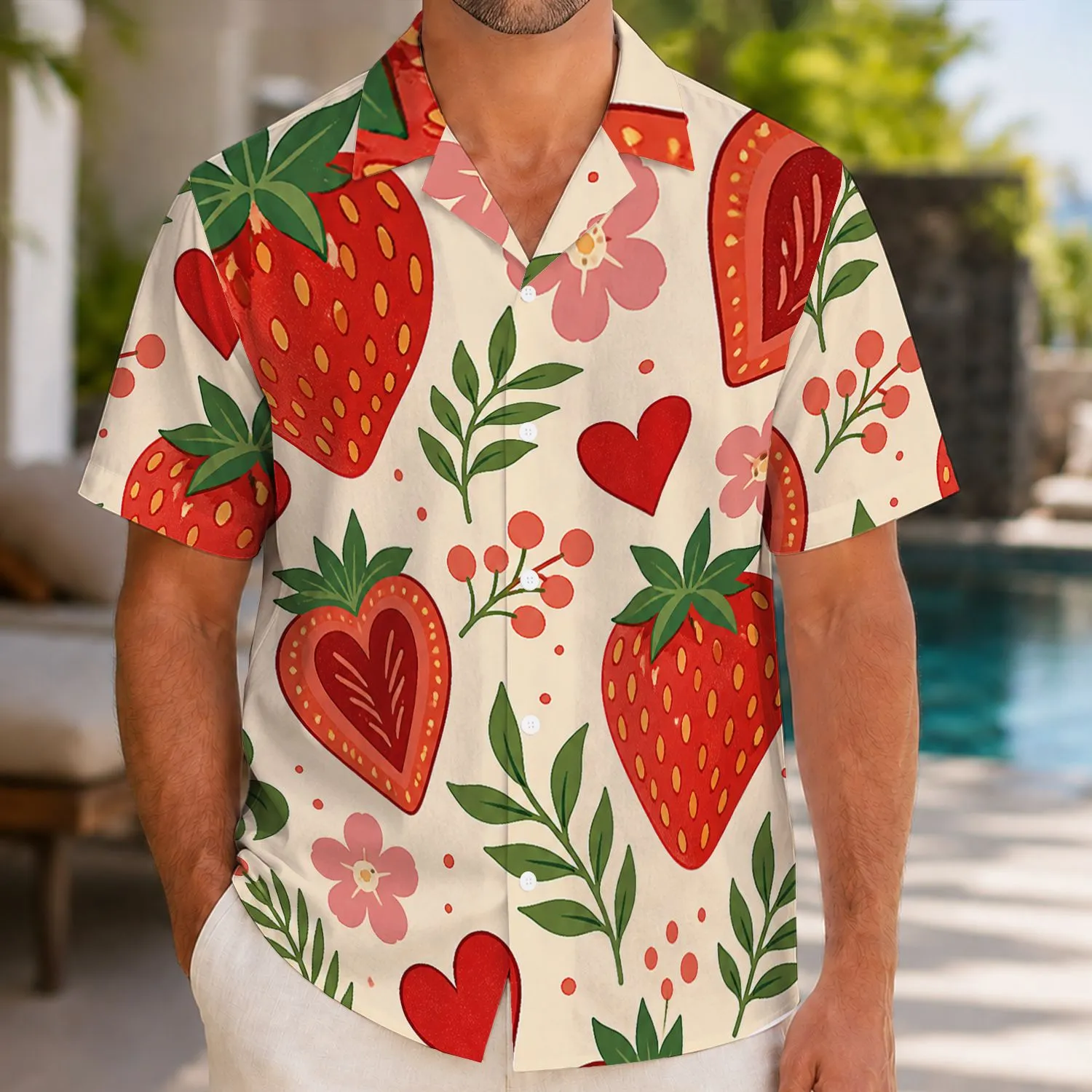 Strawberry Hearts and Garden Blooms for Romantic Summer Getaways and Beach Day Style Hawaiian Shirt - 1