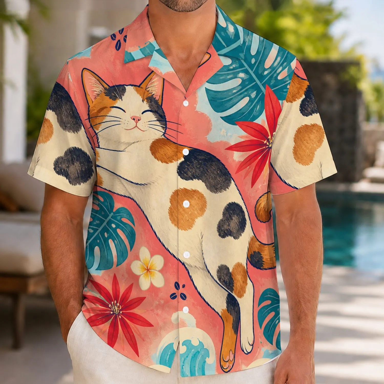 Playful Calico Cat In Tropical Colors For Beach Getaways And Casual Vacation Days Hawaiian Shirt - 1