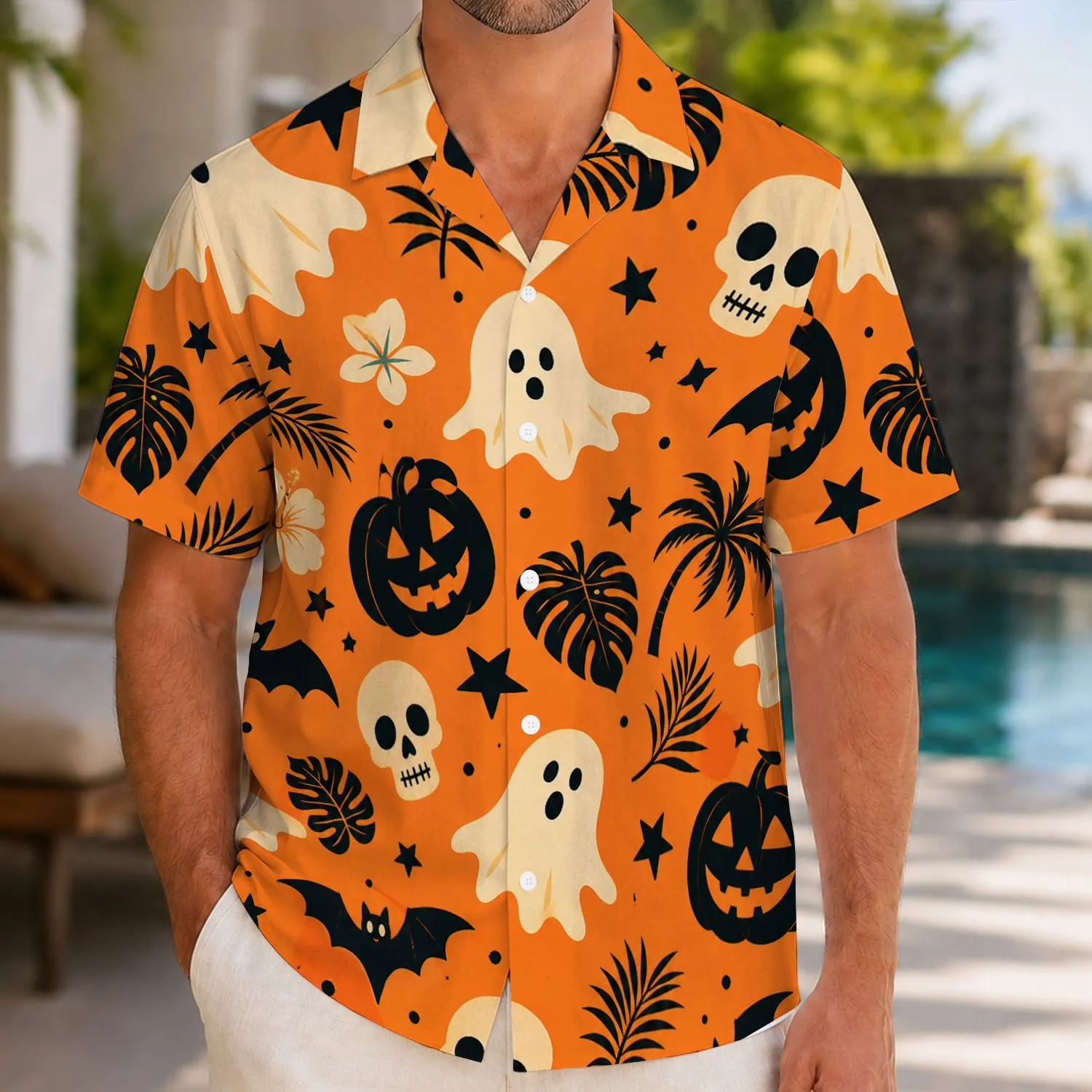 Spooky Tropical Ghosts And Jack-O'-Lanterns For Halloween Getaways And Luau Nights Hawaiian Shirt - 1
